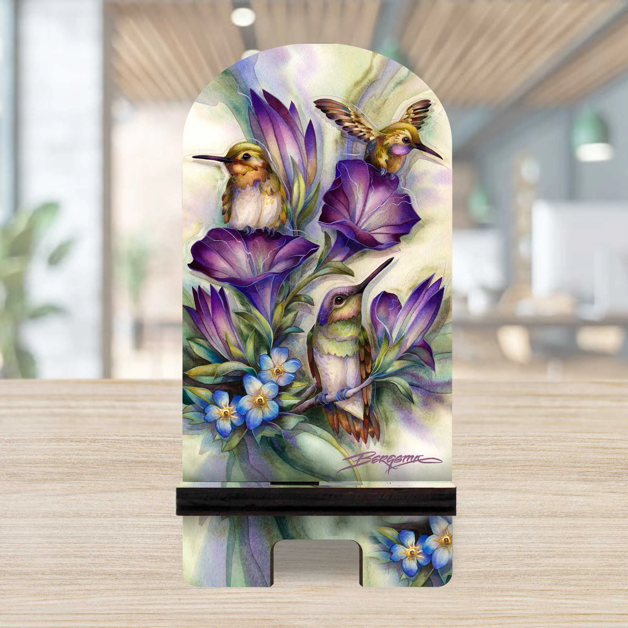 Friendship Hummingbirds Cell Phone Stand Wildlife Decor Wood Mobile Tablet Holder Charging Station Organizer - 892095-JB