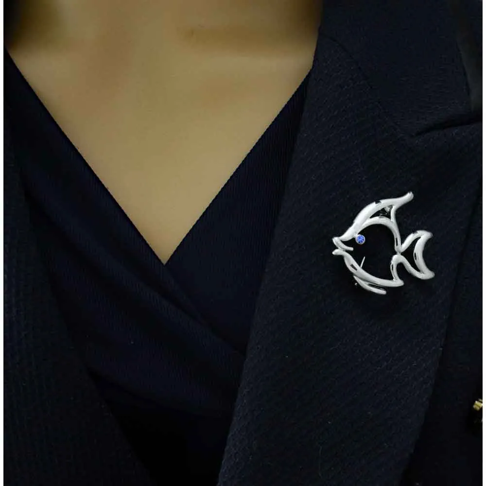 Frosted Silver-tone Open Fish with Blue Eye Brooch Pin - PRS033