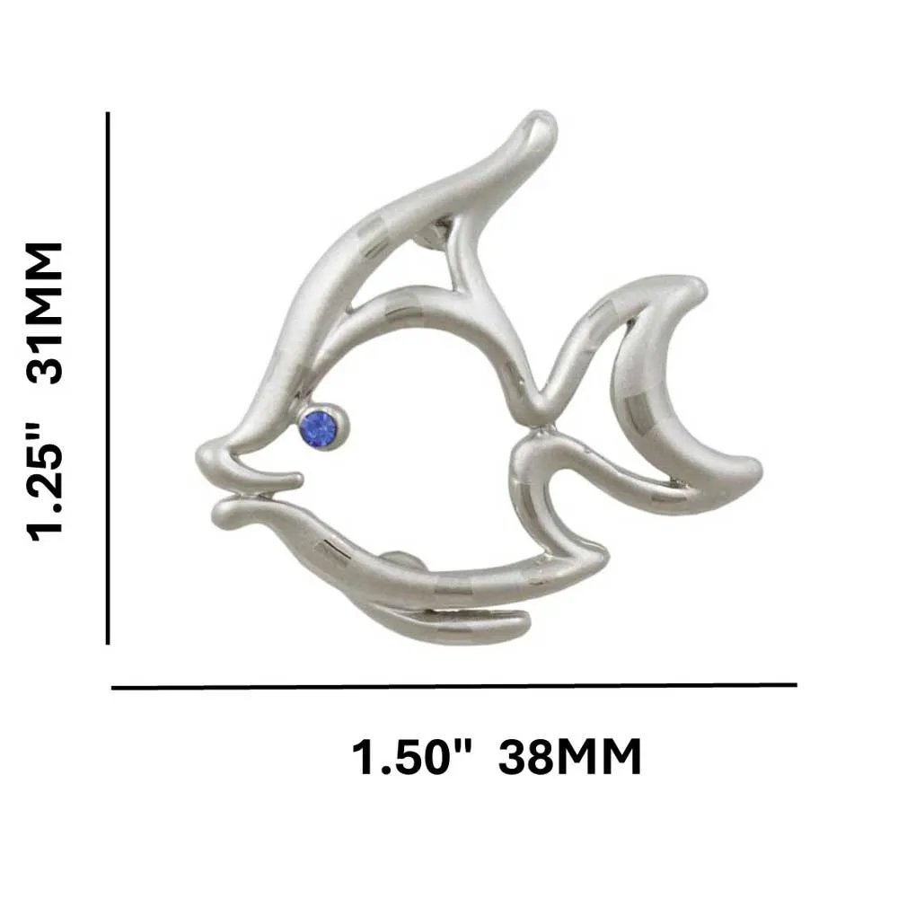 Frosted Silver-tone Open Fish with Blue Eye Brooch Pin - PRS033