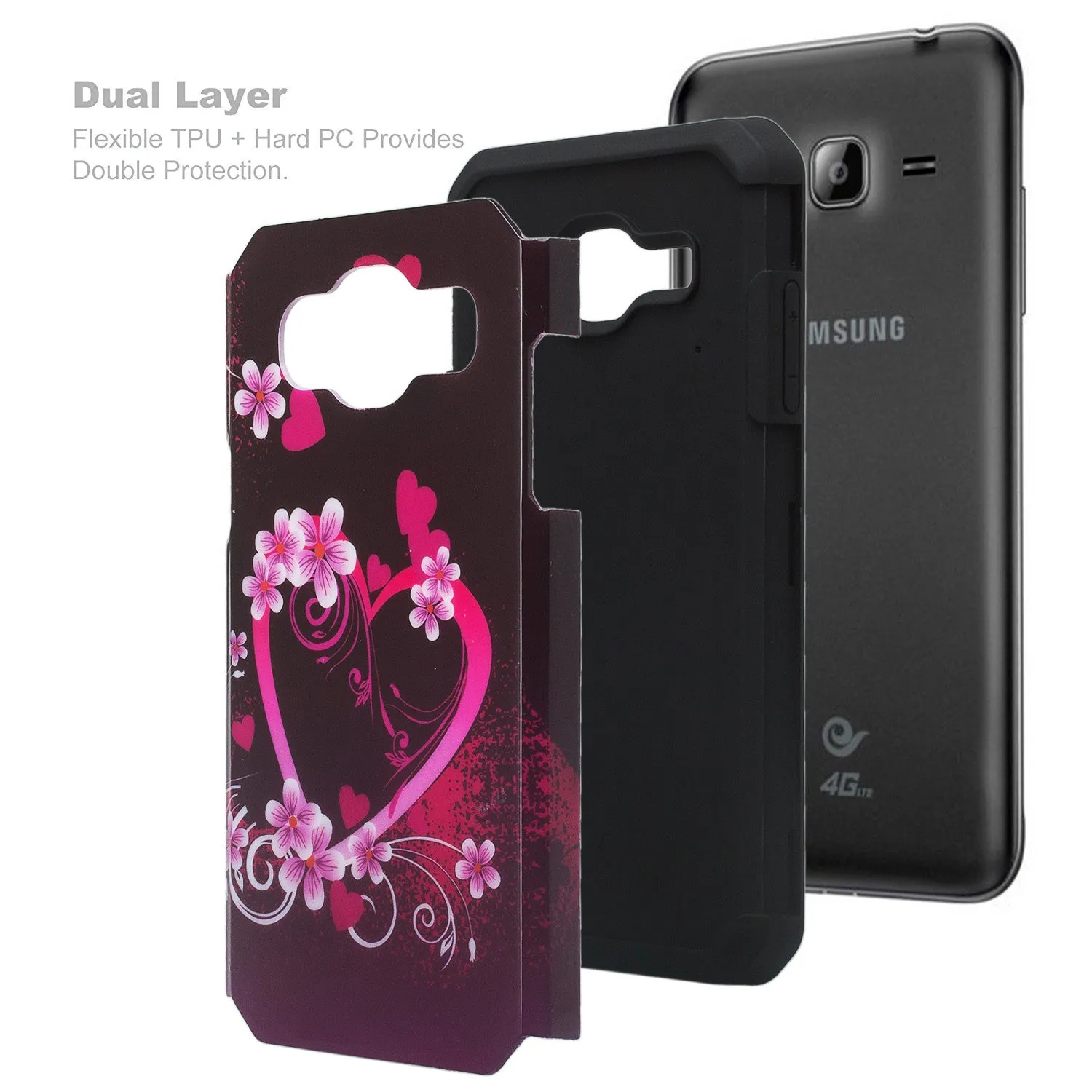 Galaxy J3 Case, Galaxy Sky, Galaxy Express Prime Case, Galaxy Sol, Galaxy Amp Prime [Shock/Impact Resistant] Hybrid Dual Layer Defender Protective Cover for Samsung Galaxy J3/J3 V - Heart Butterflies