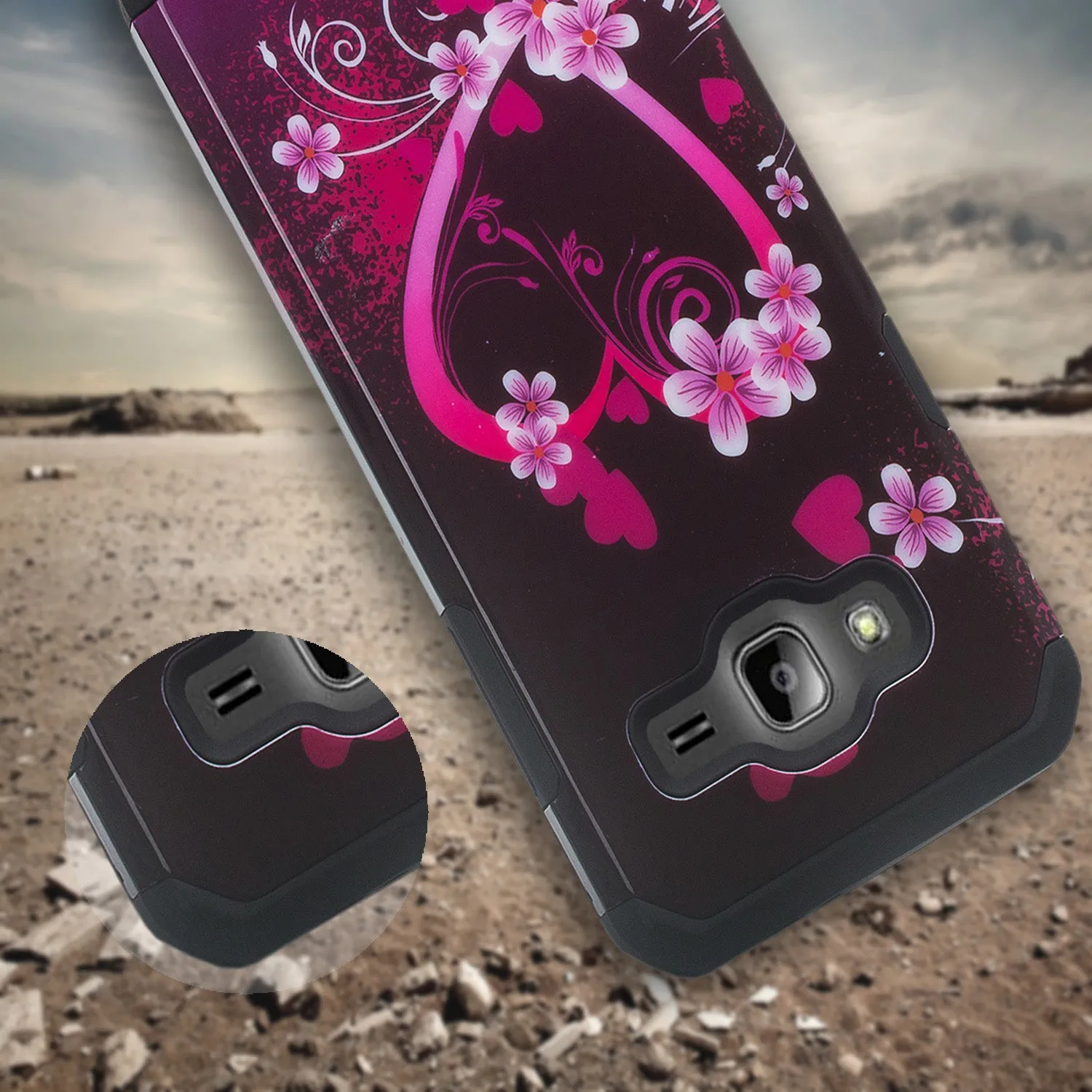 Galaxy J3 Case, Galaxy Sky, Galaxy Express Prime Case, Galaxy Sol, Galaxy Amp Prime [Shock/Impact Resistant] Hybrid Dual Layer Defender Protective Cover for Samsung Galaxy J3/J3 V - Heart Butterflies