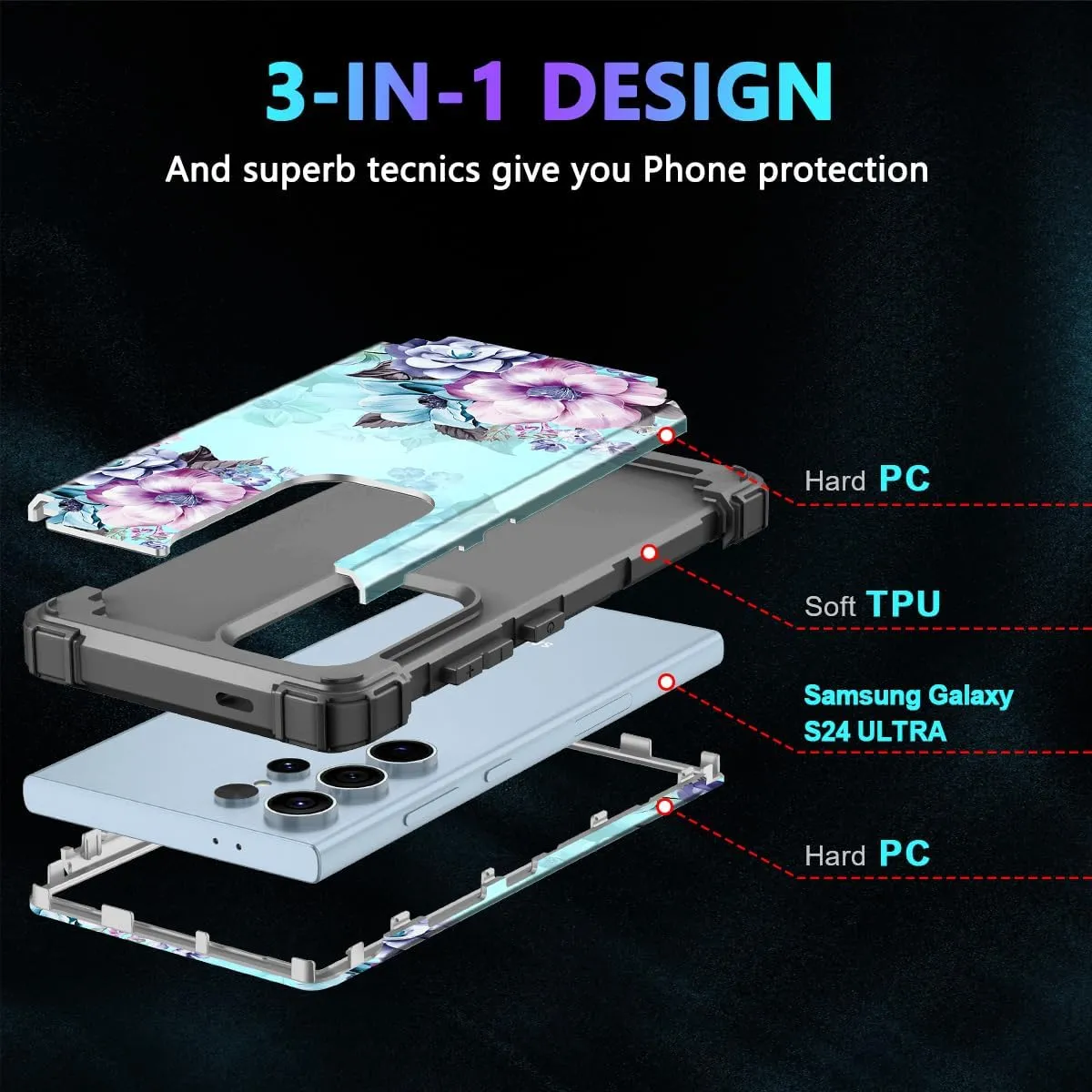 Galaxy S24 Ultra Heavy Duty Shockproof Full Protection Flower Case