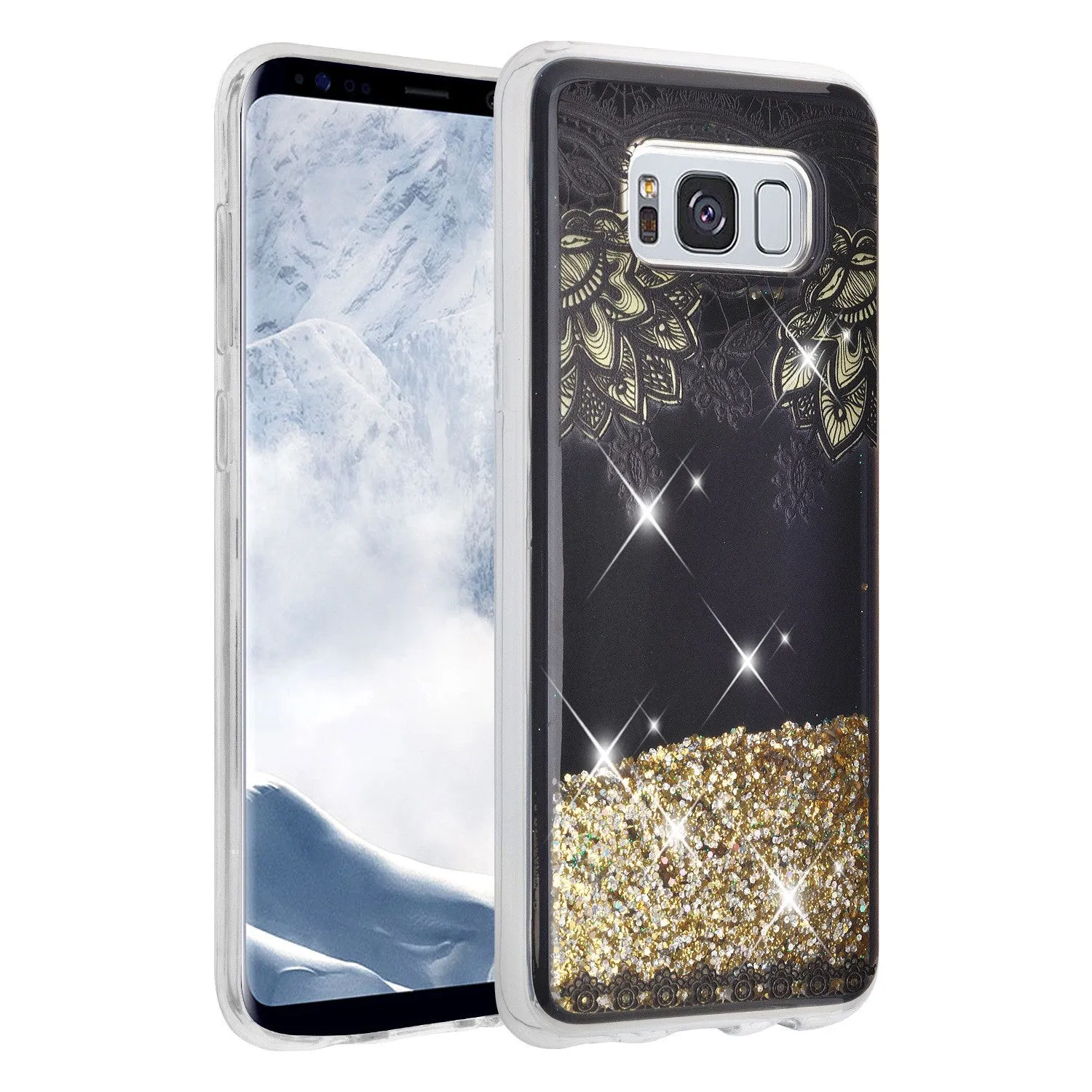 Galaxy S8 Case, Samsung Galaxy S8 Luxury Bling Liquid Glitter Case, Sparkle Quicksand Case Cover - Gold Top Flower