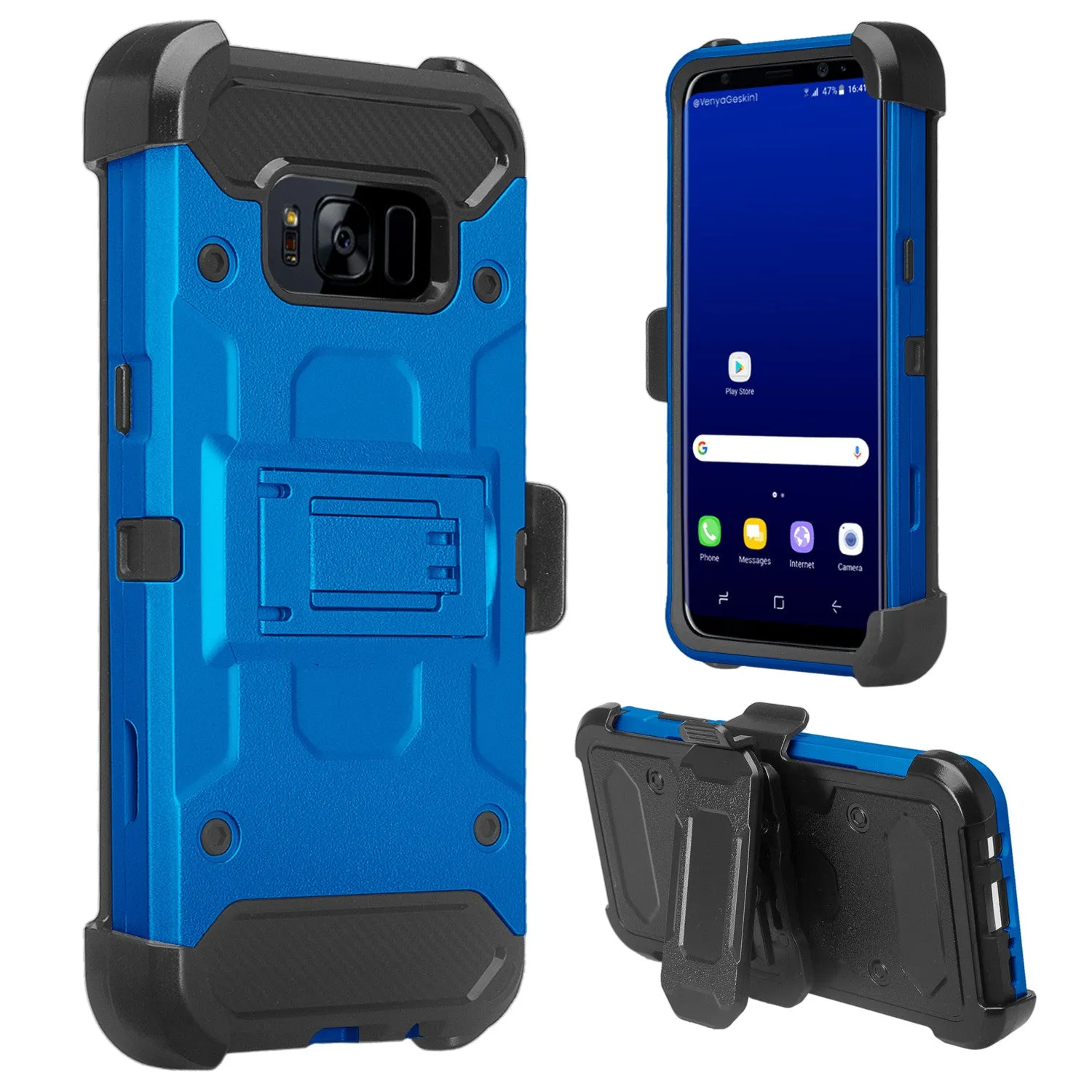Galaxy S8 Case, Samsung Galaxy S8 Tri-Layer Full Coverage[Built-in Kickstand] Shock Resistant Hybrid Holster Clip Case - Blue