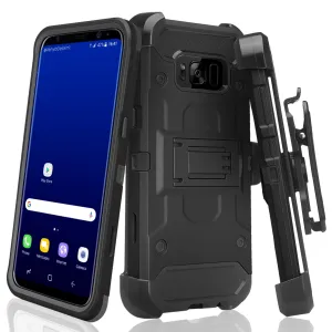 Galaxy S8 Plus Case, Samsung Galaxy S8 Plus Tri-Layer Full Coverage[Built-in Kickstand] Shock Resistant Hybrid Holster Clip Case - Black