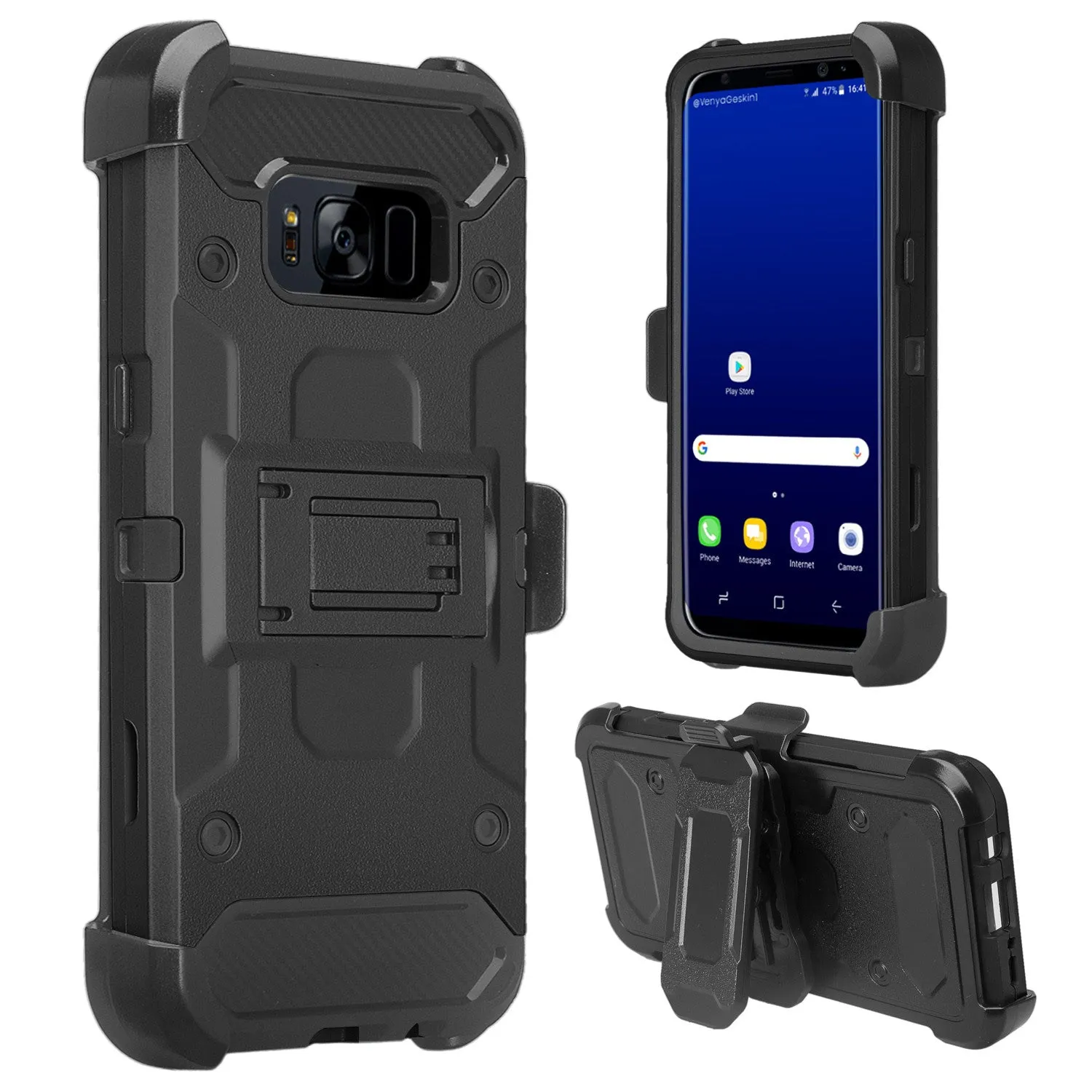 Galaxy S8 Plus Case, Samsung Galaxy S8 Plus Tri-Layer Full Coverage[Built-in Kickstand] Shock Resistant Hybrid Holster Clip Case - Black