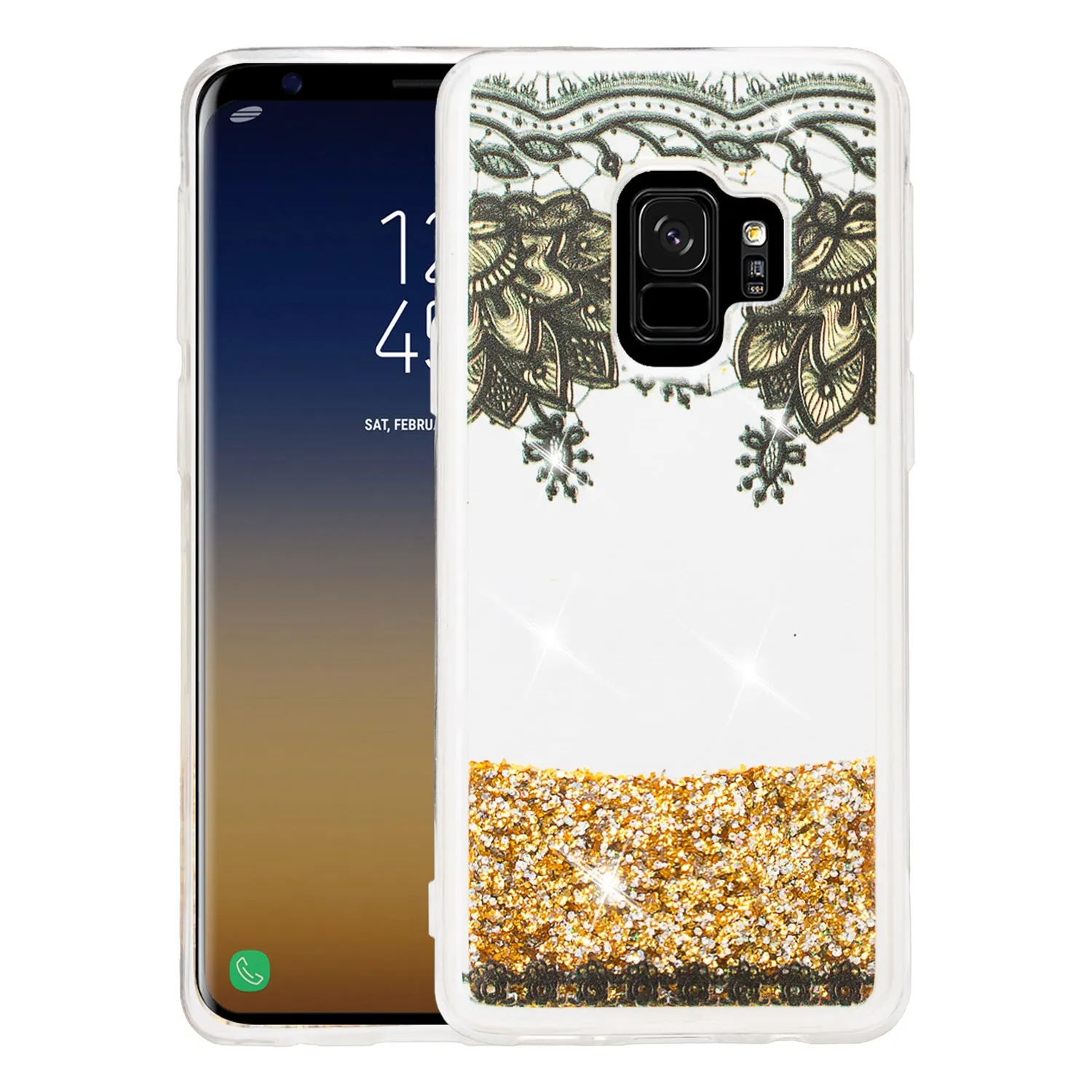 Galaxy S9 Plus Case, Samsung Galaxy S9 Plus Luxury Bling Liquid Glitter Case, Sparkle Quicksand Case Cover - Gold Top Flowers