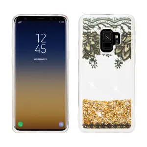 Galaxy S9 Plus Case, Samsung Galaxy S9 Plus Luxury Bling Liquid Glitter Case, Sparkle Quicksand Case Cover - Gold Top Flowers