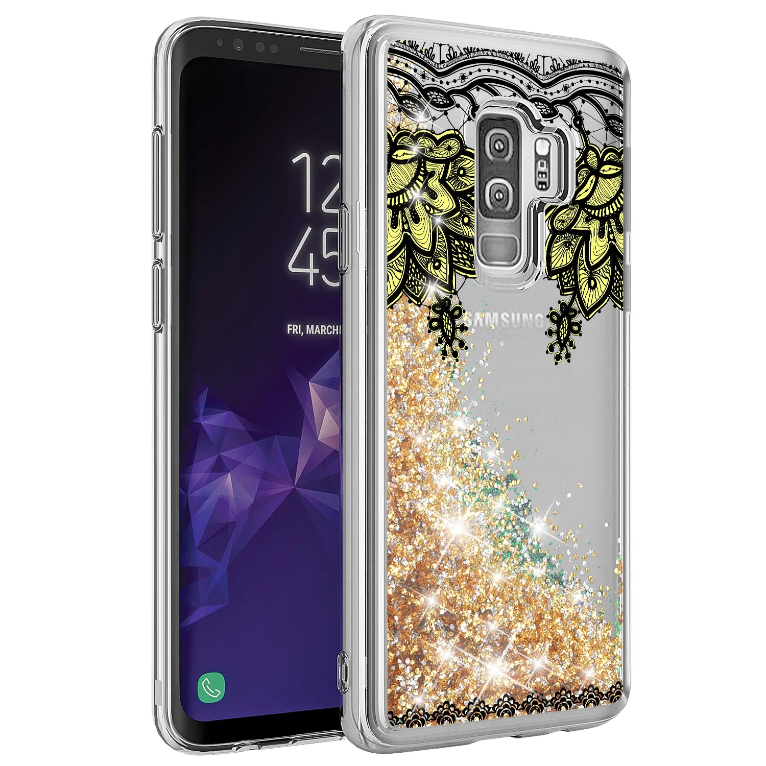 Galaxy S9 Plus Case, Samsung Galaxy S9 Plus Luxury Bling Liquid Glitter Case, Sparkle Quicksand Case Cover - Gold Top Flowers