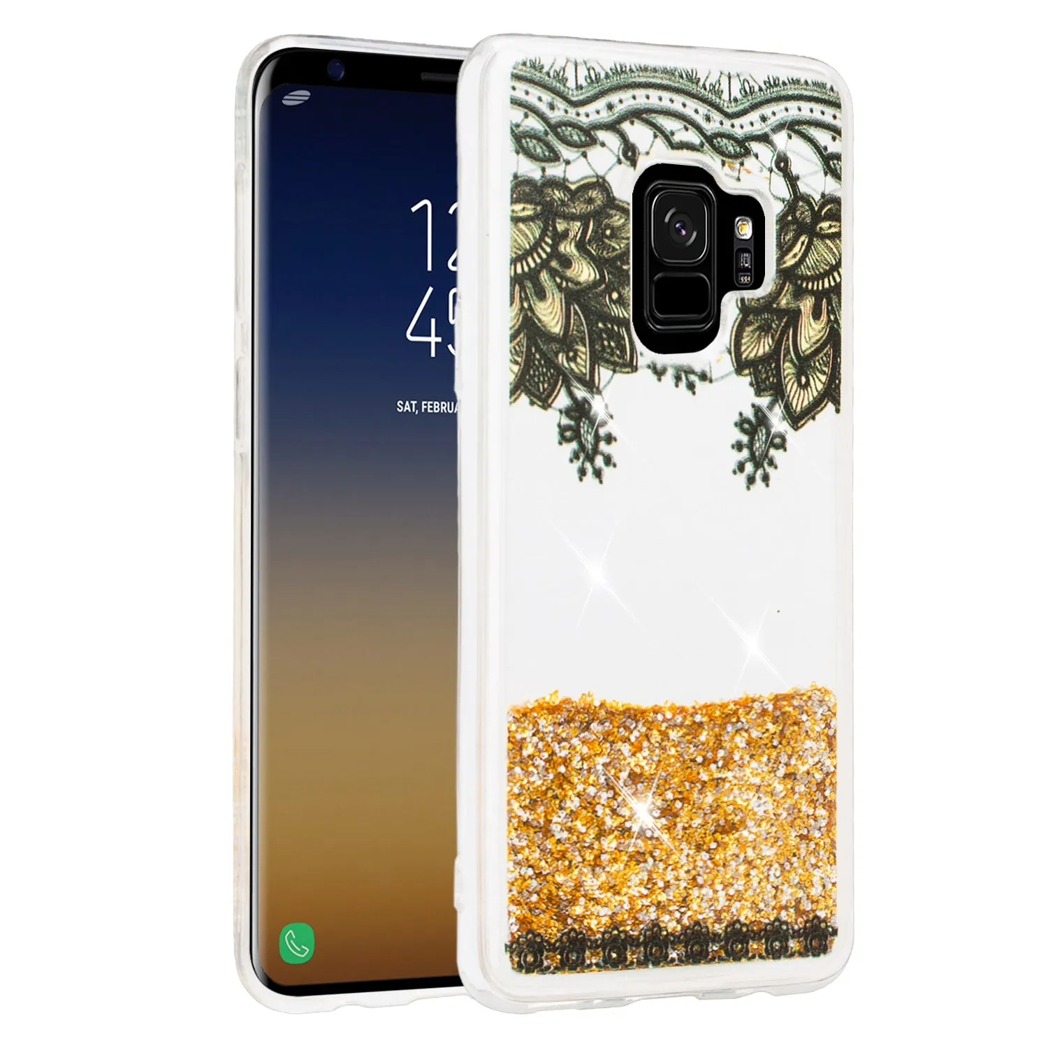 Galaxy S9 Plus Case, Samsung Galaxy S9 Plus Luxury Bling Liquid Glitter Case, Sparkle Quicksand Case Cover - Gold Top Flowers
