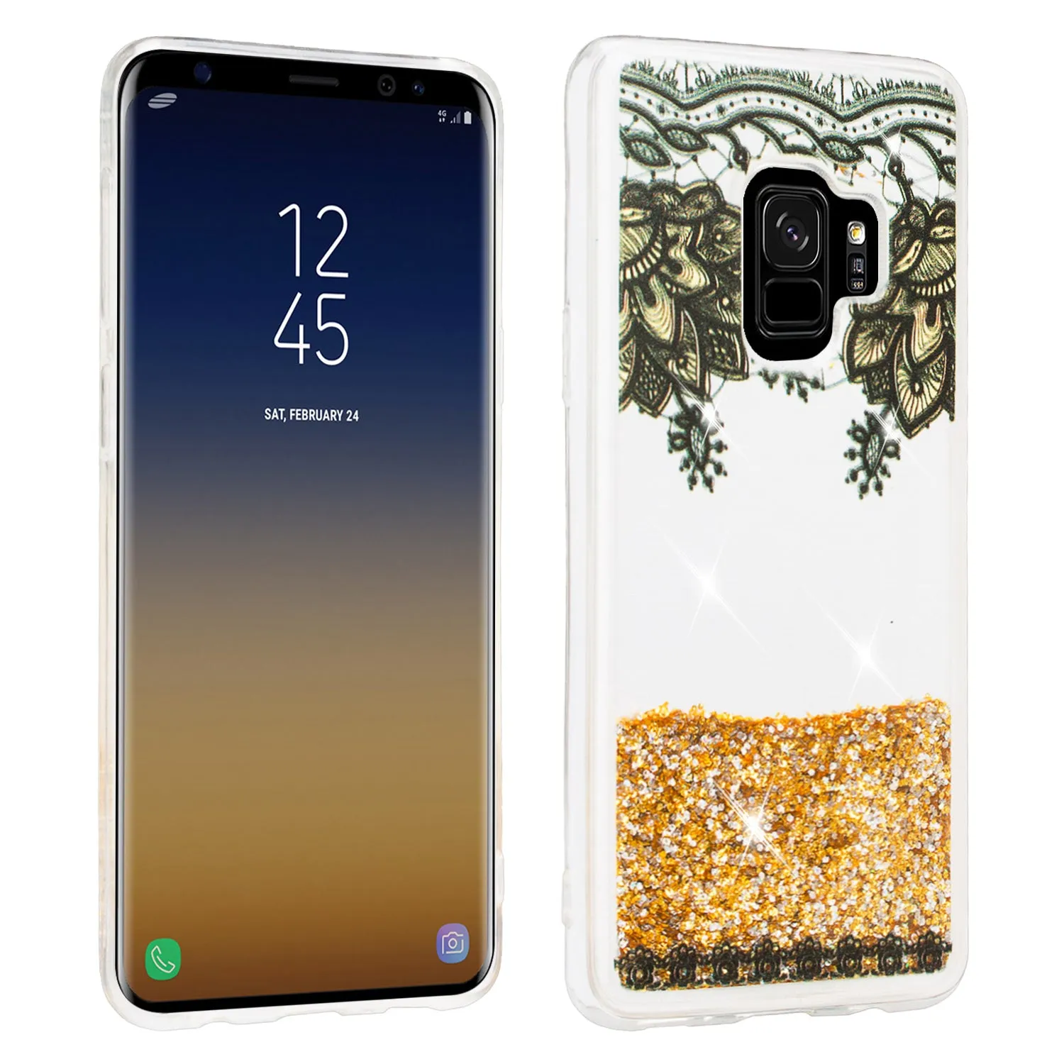 Galaxy S9 Plus Case, Samsung Galaxy S9 Plus Luxury Bling Liquid Glitter Case, Sparkle Quicksand Case Cover - Gold Top Flowers