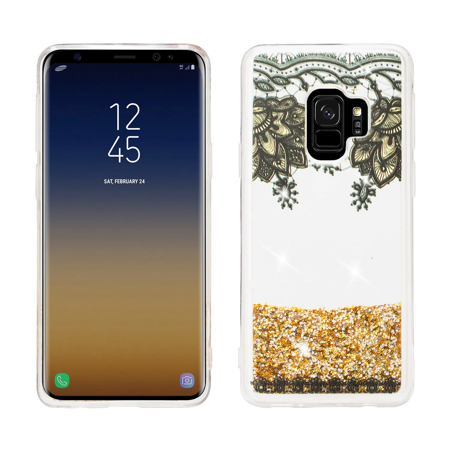 Galaxy S9 Plus Case, Samsung Galaxy S9 Plus Luxury Bling Liquid Glitter Case, Sparkle Quicksand Case Cover - Gold Top Flowers