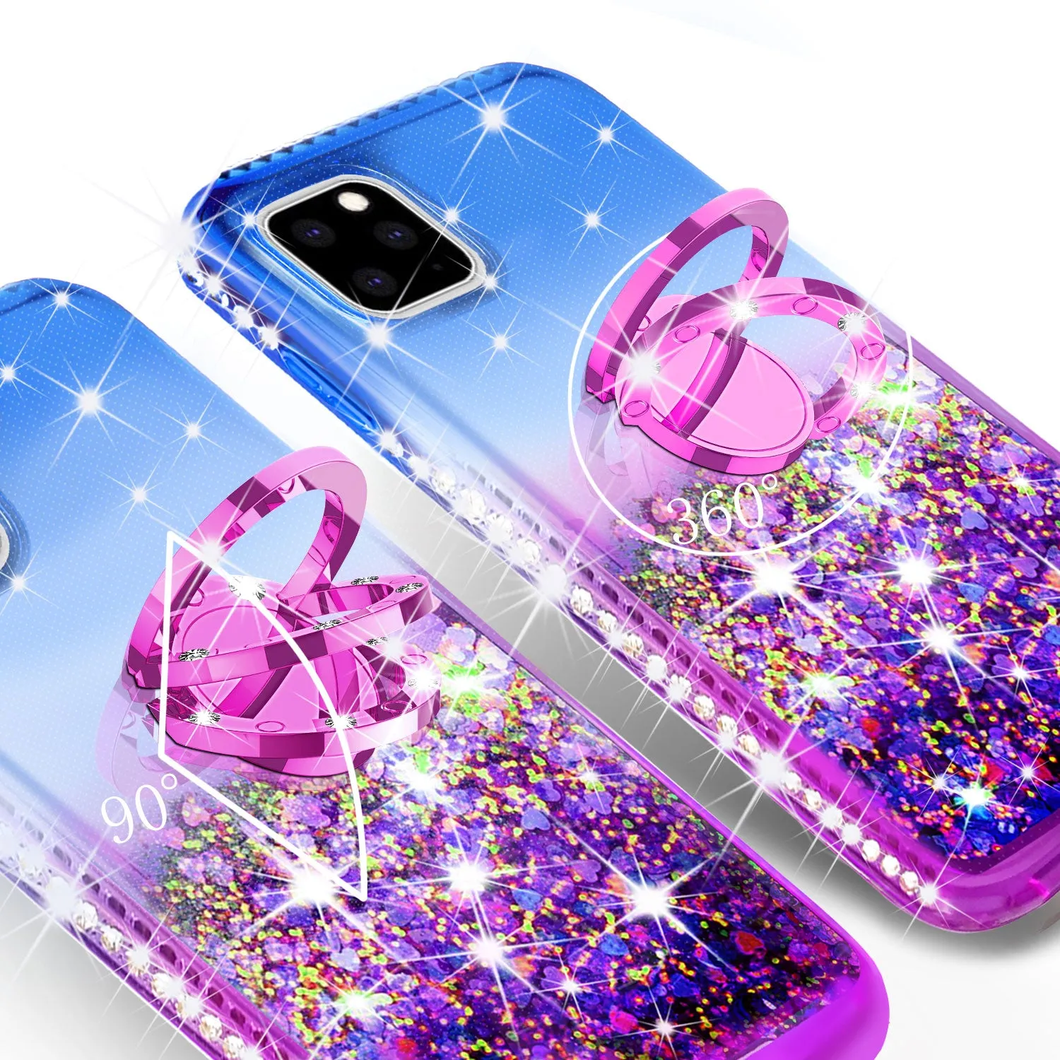 Glitter Phone Case Kickstand Compatible for Apple iPhone 11 Pro Max Case, iPhone 11 Pro Max Case,Ring Stand Liquid Floating Quicksand Bling Sparkle Protective Girls Women for Apple iPhone 11 Pro Max W/Temper Glass - (Blue/Purple Gradient)