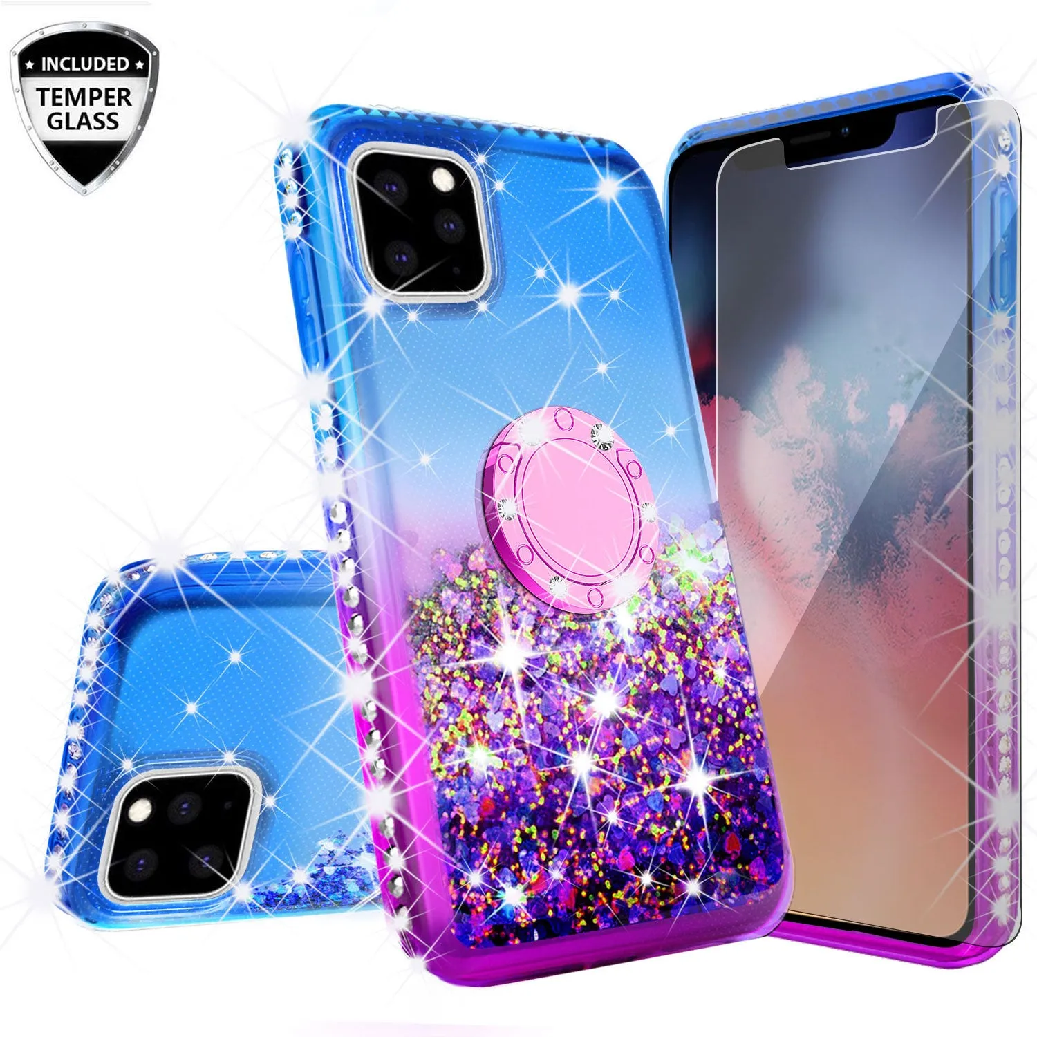 Glitter Phone Case Kickstand Compatible for Apple iPhone 11 Pro Max Case, iPhone 11 Pro Max Case,Ring Stand Liquid Floating Quicksand Bling Sparkle Protective Girls Women for Apple iPhone 11 Pro Max W/Temper Glass - (Blue/Purple Gradient)