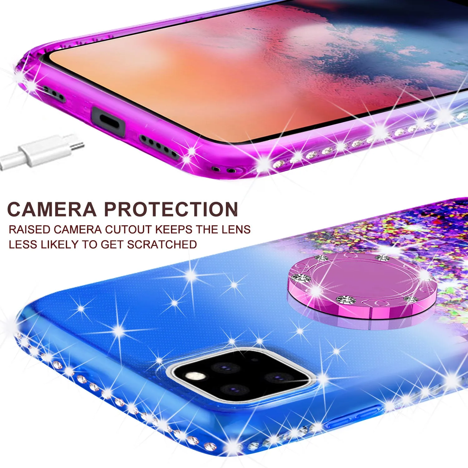 Glitter Phone Case Kickstand Compatible for Apple iPhone 11 Pro Max Case, iPhone 11 Pro Max Case,Ring Stand Liquid Floating Quicksand Bling Sparkle Protective Girls Women for Apple iPhone 11 Pro Max W/Temper Glass - (Blue/Purple Gradient)