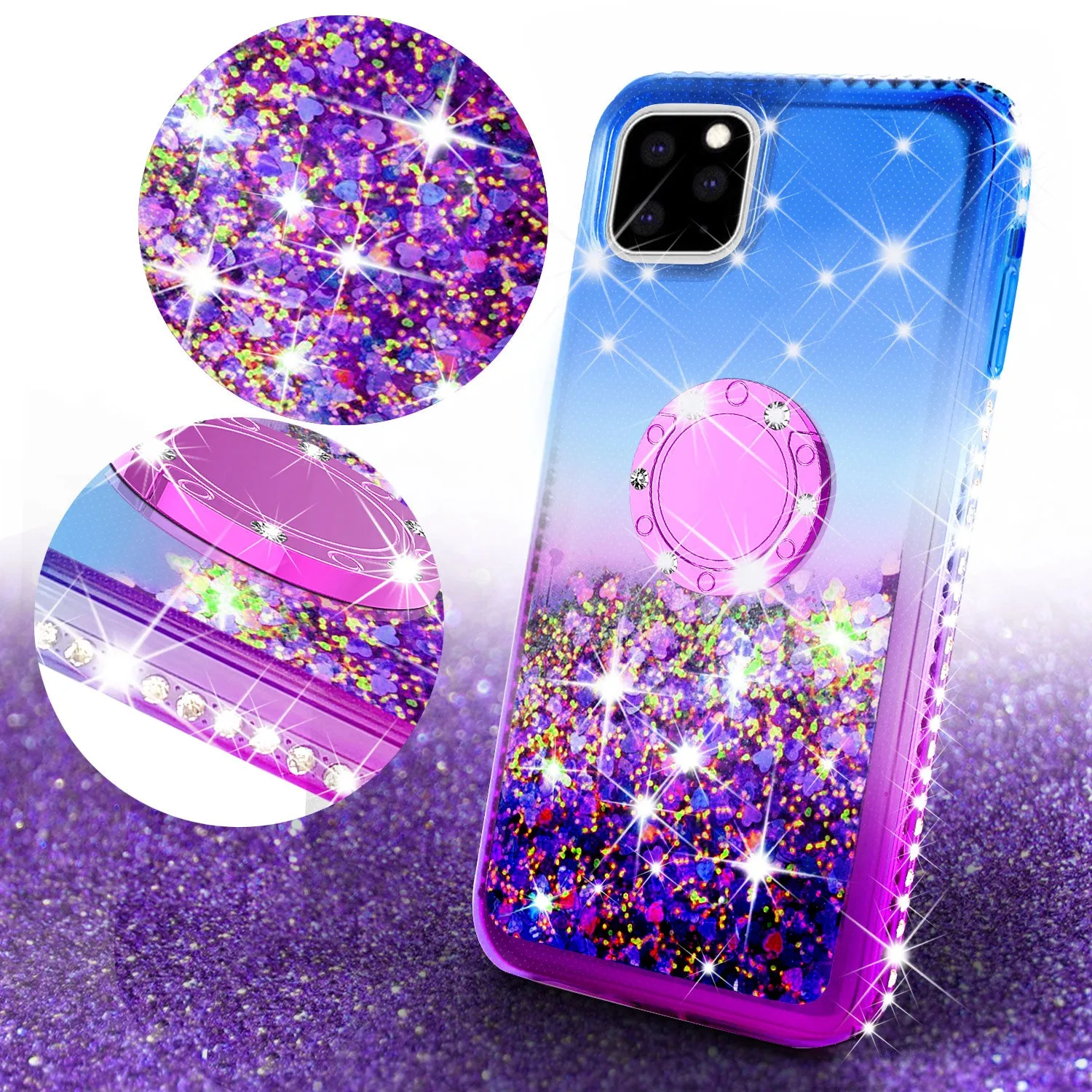 Glitter Phone Case Kickstand Compatible for Apple iPhone 11 Pro Max Case, iPhone 11 Pro Max Case,Ring Stand Liquid Floating Quicksand Bling Sparkle Protective Girls Women for Apple iPhone 11 Pro Max W/Temper Glass - (Blue/Purple Gradient)