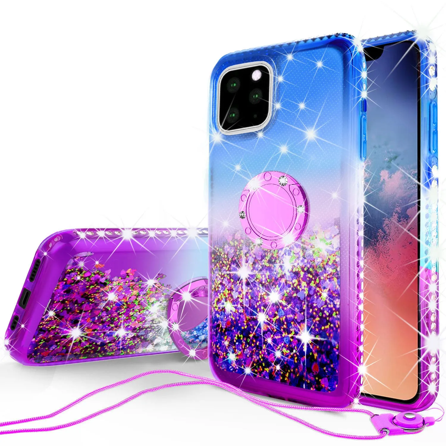 Glitter Phone Case Kickstand Compatible for Apple iPhone 11 Pro Max Case, iPhone 11 Pro Max Case,Ring Stand Liquid Floating Quicksand Bling Sparkle Protective Girls Women for Apple iPhone 11 Pro Max W/Temper Glass - (Blue/Purple Gradient)