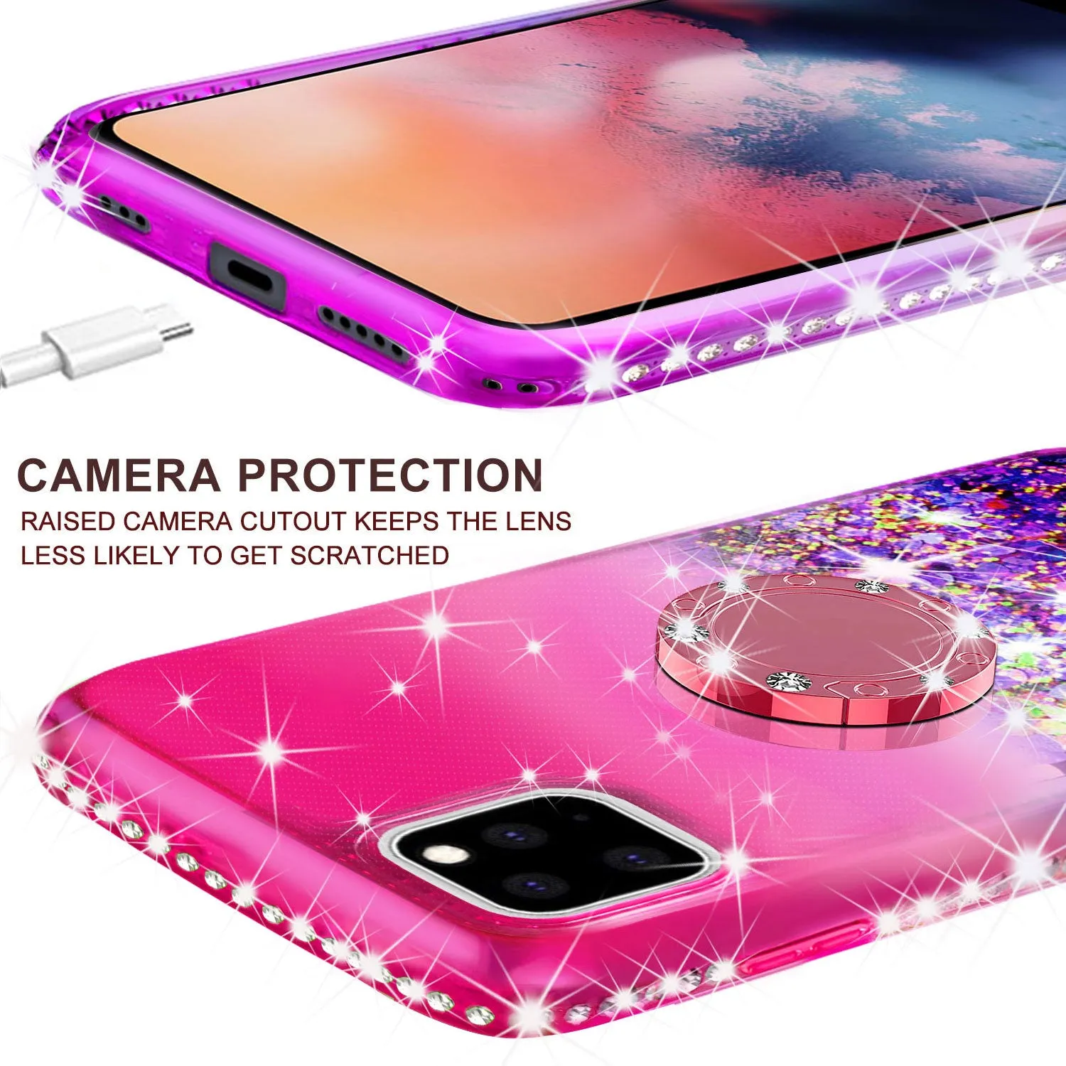 Glitter Phone Case Kickstand Compatible for Apple iPhone 12 Case, iPhone 12 Case,Ring Stand Liquid Floating Quicksand Bling Sparkle Protective Girls Women for Apple iPhone 12 W/Temper Glass - (Hot Pink/Purple Gradient)