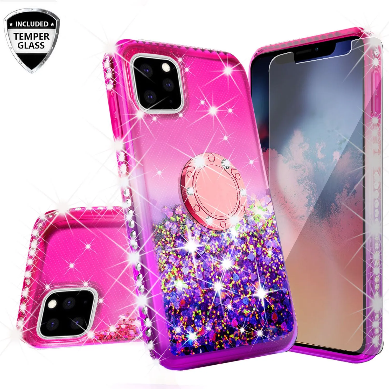 Glitter Phone Case Kickstand Compatible for Apple iPhone 12 Case, iPhone 12 Case,Ring Stand Liquid Floating Quicksand Bling Sparkle Protective Girls Women for Apple iPhone 12 W/Temper Glass - (Hot Pink/Purple Gradient)