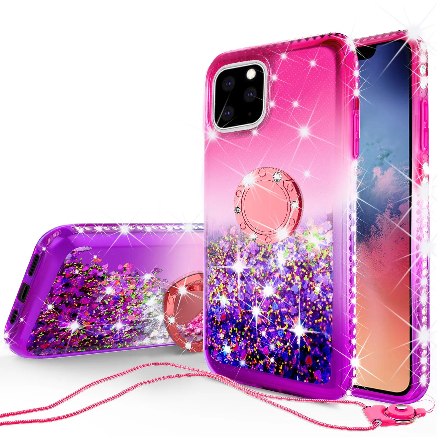 Glitter Phone Case Kickstand Compatible for Apple iPhone 12 Case, iPhone 12 Case,Ring Stand Liquid Floating Quicksand Bling Sparkle Protective Girls Women for Apple iPhone 12 W/Temper Glass - (Hot Pink/Purple Gradient)