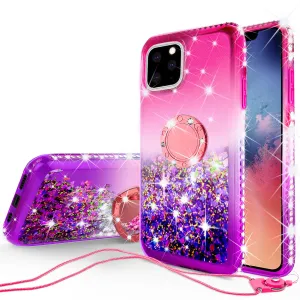 Glitter Phone Case Kickstand Compatible for Apple iPhone 12 Case, iPhone 12 Case,Ring Stand Liquid Floating Quicksand Bling Sparkle Protective Girls Women for Apple iPhone 12 W/Temper Glass - (Hot Pink/Purple Gradient)