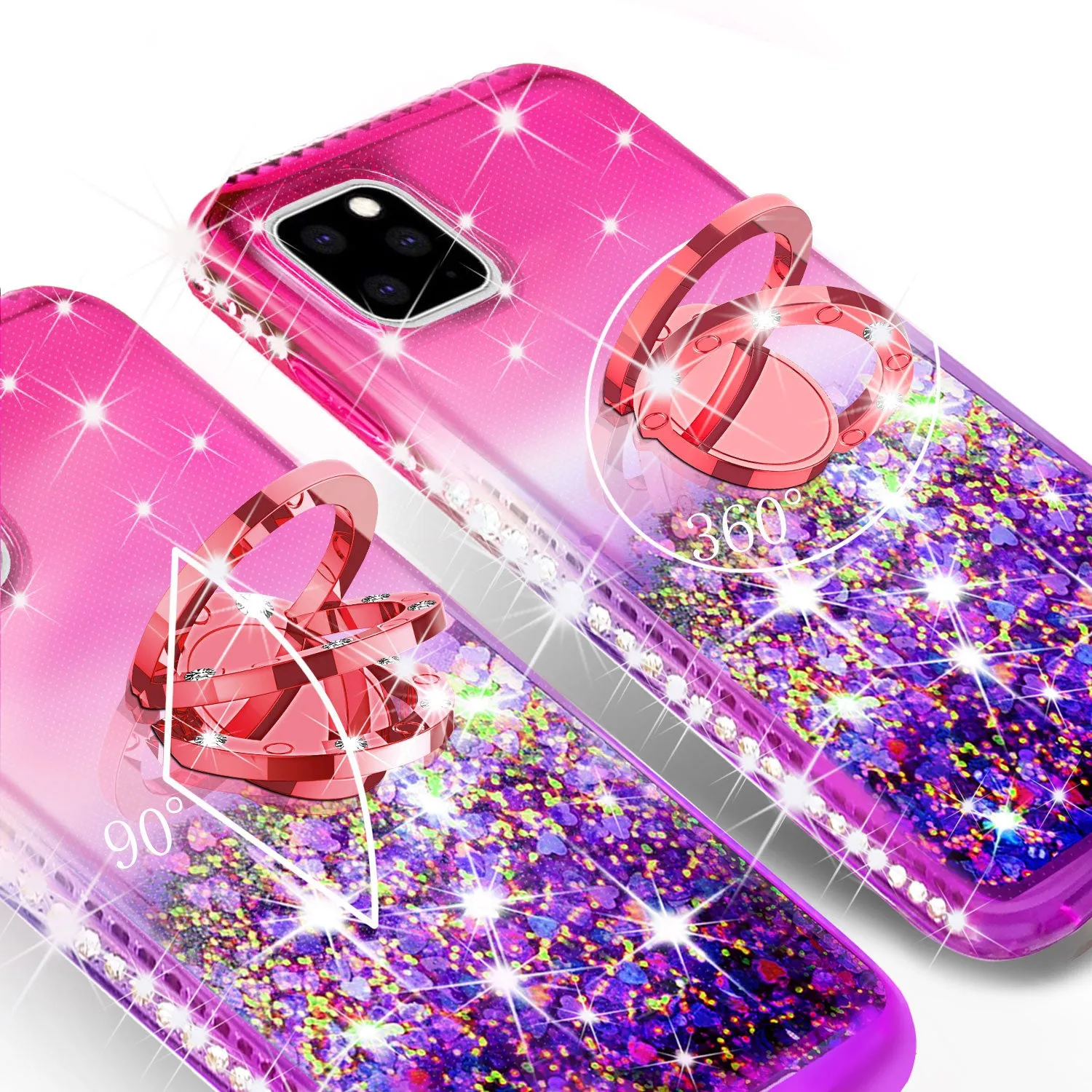 Glitter Phone Case Kickstand Compatible for Apple iPhone 13 Pro Case, iPhone 13 Pro Case,Ring Stand Liquid Floating Quicksand Bling Sparkle Protective Girls Women for Apple iPhone 13 Pro W/Temper Glass - (Hot Pink/Purple Gradient)