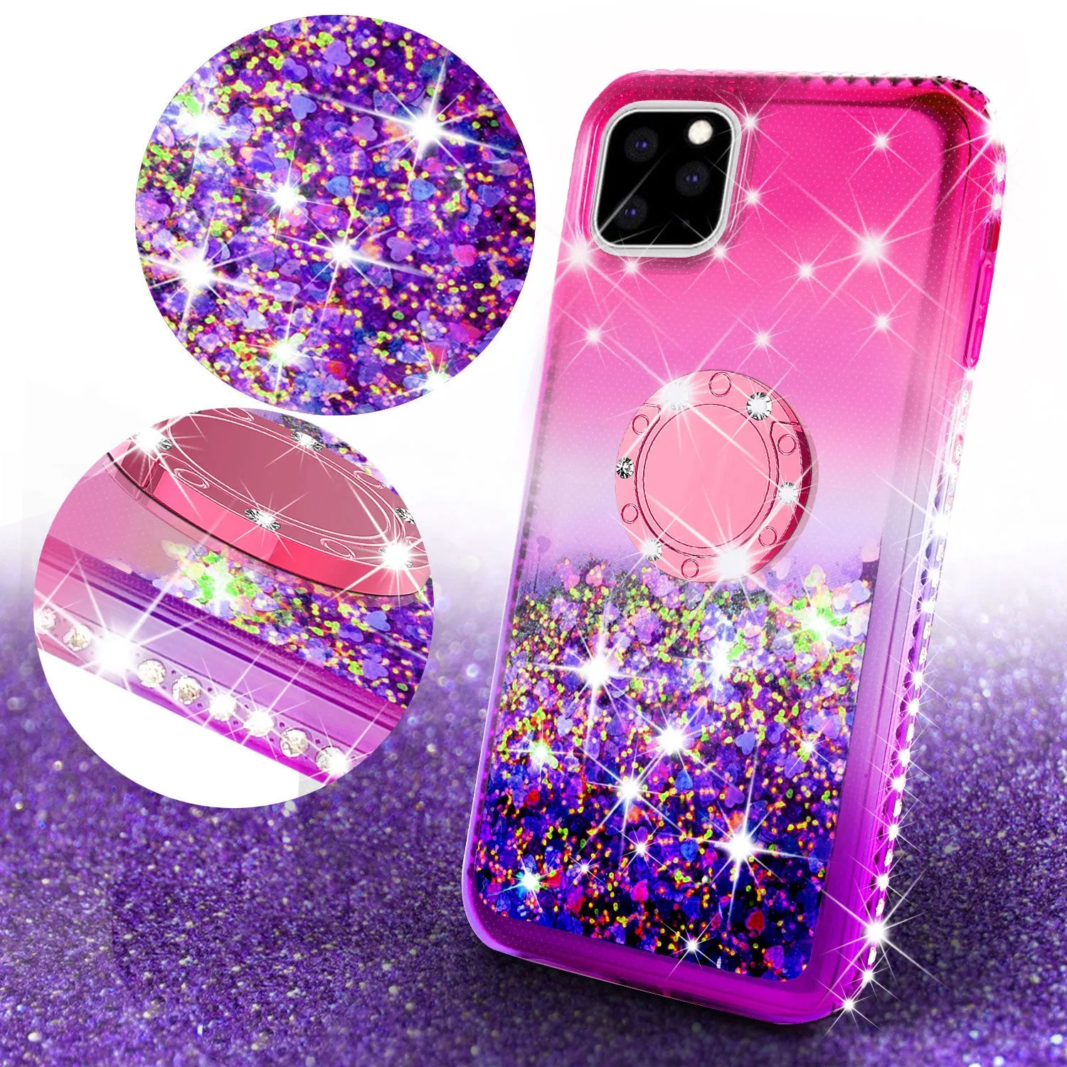 Glitter Phone Case Kickstand Compatible for Apple iPhone 13 Pro Case, iPhone 13 Pro Case,Ring Stand Liquid Floating Quicksand Bling Sparkle Protective Girls Women for Apple iPhone 13 Pro W/Temper Glass - (Hot Pink/Purple Gradient)
