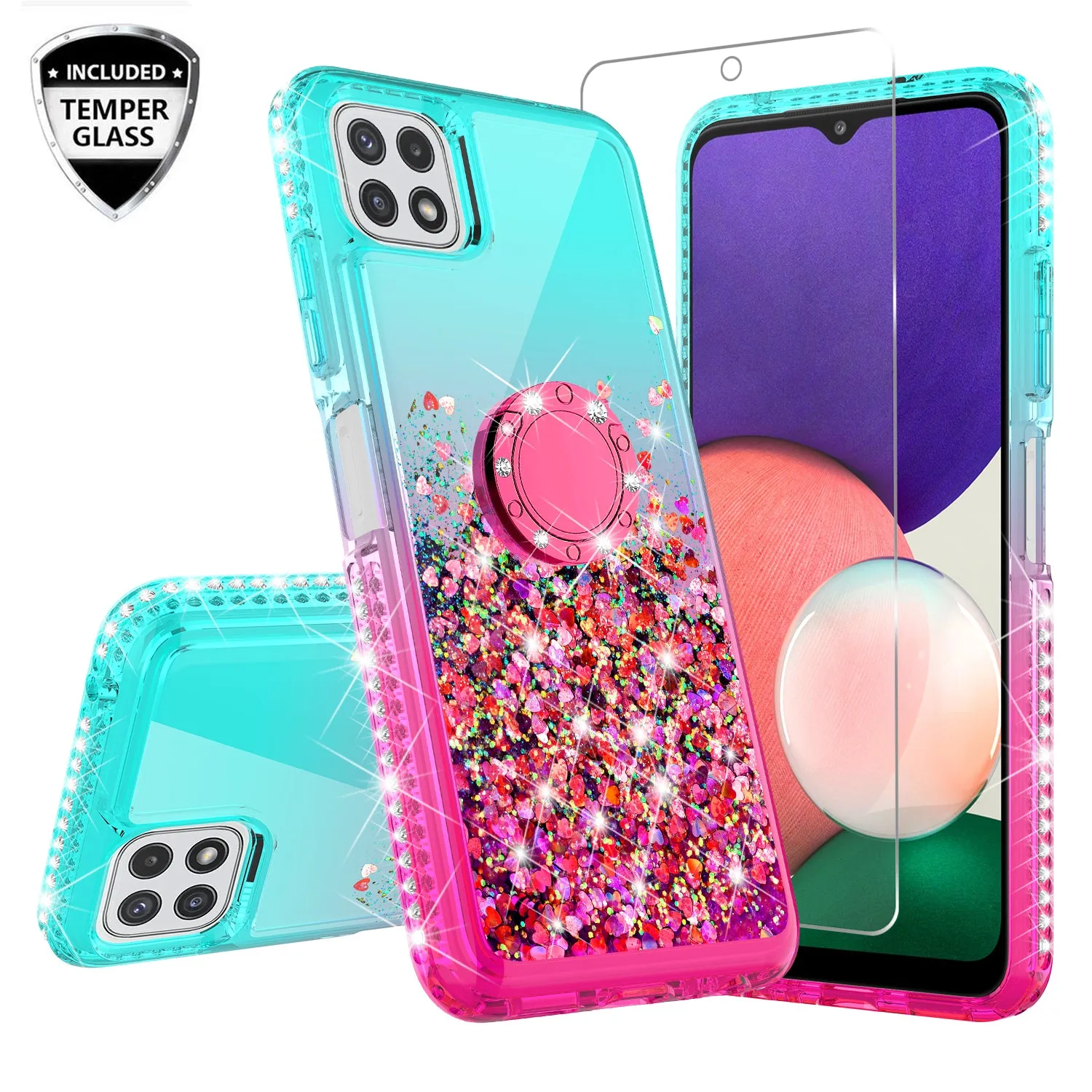 Glitter Phone Case Kickstand Compatible for Boost Celero 5G Case, Boost Celero 5G Case,Ring Stand Liquid Floating Quicksand Bling Sparkle Protective Girls Women for Boost Celero 5G W/Temper Glass - (Teal/Pink Gradient)