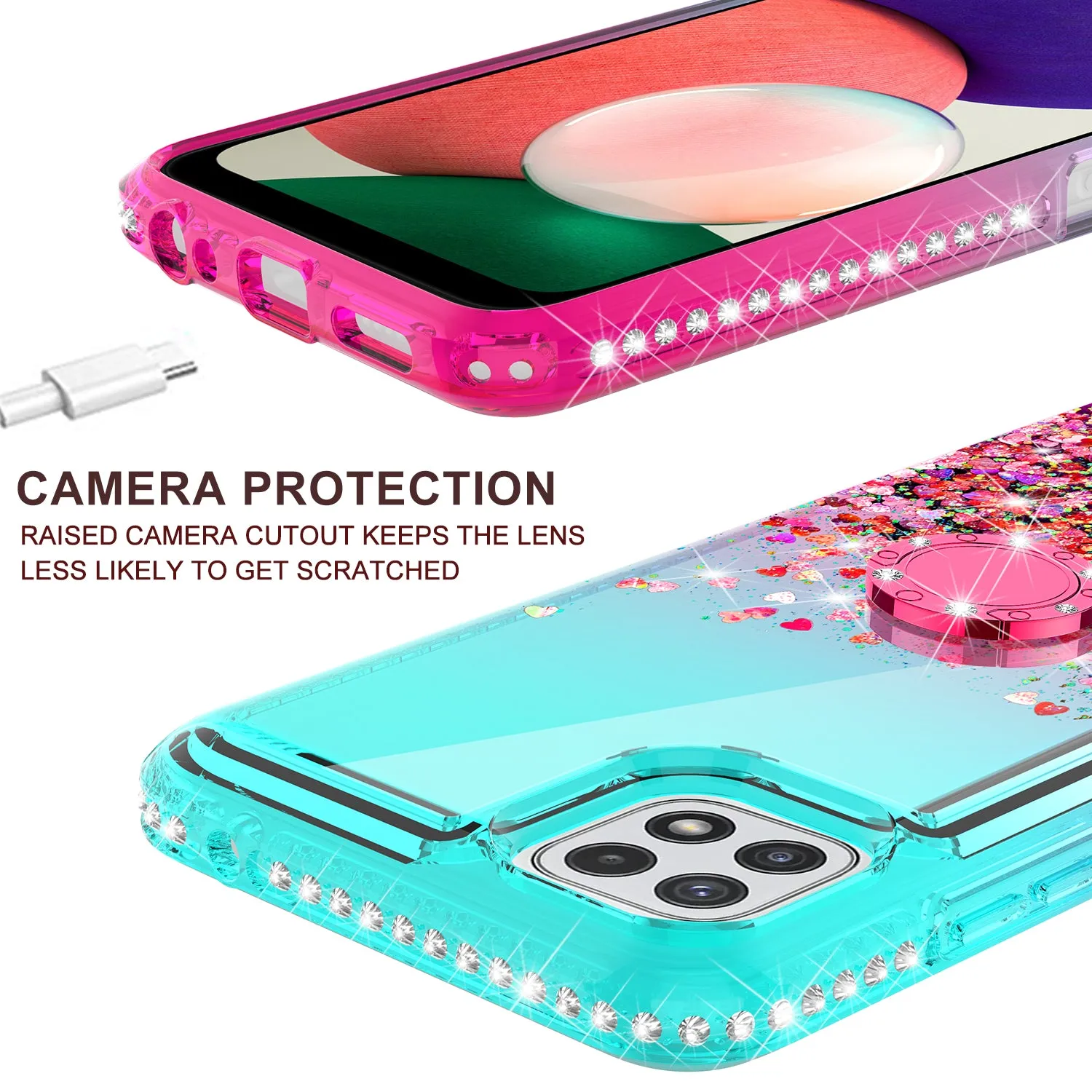 Glitter Phone Case Kickstand Compatible for Boost Celero 5G Case, Boost Celero 5G Case,Ring Stand Liquid Floating Quicksand Bling Sparkle Protective Girls Women for Boost Celero 5G W/Temper Glass - (Teal/Pink Gradient)