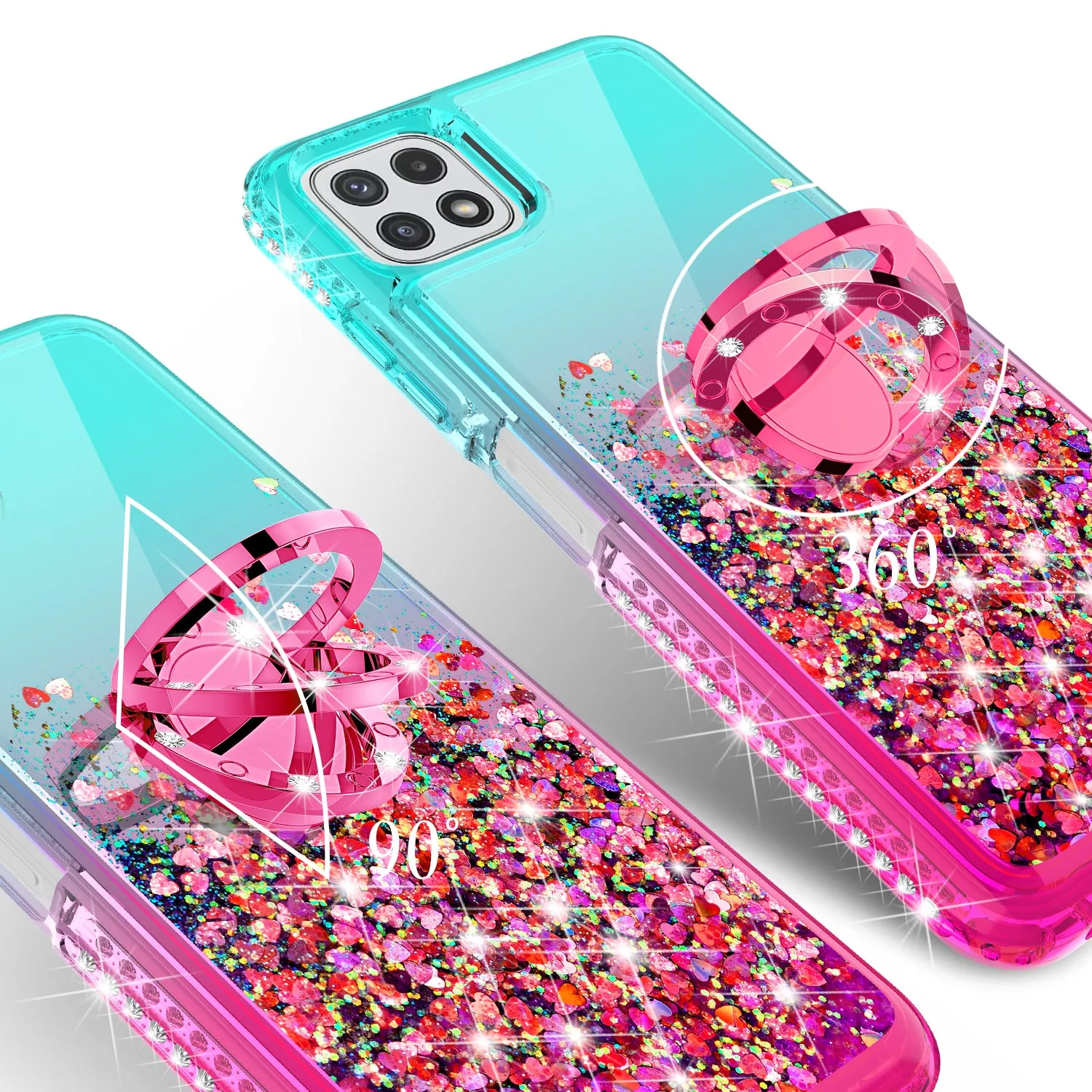 Glitter Phone Case Kickstand Compatible for Boost Celero 5G Case, Boost Celero 5G Case,Ring Stand Liquid Floating Quicksand Bling Sparkle Protective Girls Women for Boost Celero 5G W/Temper Glass - (Teal/Pink Gradient)