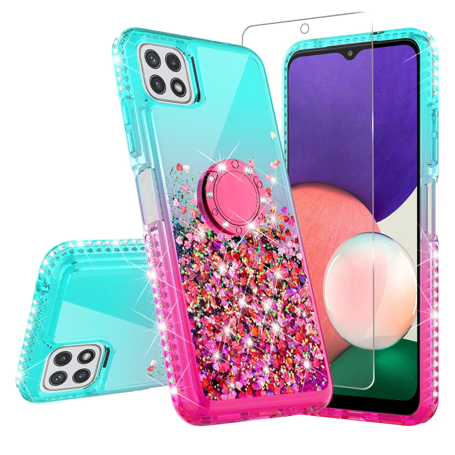 Glitter Phone Case Kickstand Compatible for Boost Celero 5G Case, Boost Celero 5G Case,Ring Stand Liquid Floating Quicksand Bling Sparkle Protective Girls Women for Boost Celero 5G W/Temper Glass - (Teal/Pink Gradient)