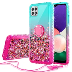 Glitter Phone Case Kickstand Compatible for Boost Celero 5G Case, Boost Celero 5G Case,Ring Stand Liquid Floating Quicksand Bling Sparkle Protective Girls Women for Boost Celero 5G W/Temper Glass - (Teal/Pink Gradient)