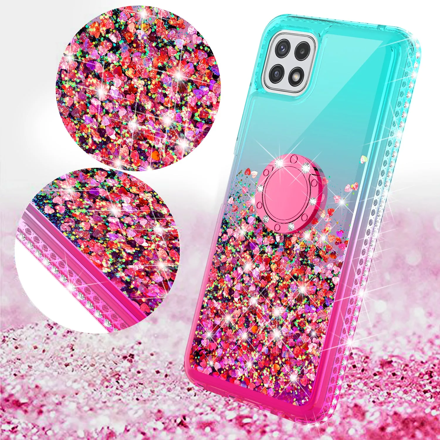 Glitter Phone Case Kickstand Compatible for Boost Celero 5G Case, Boost Celero 5G Case,Ring Stand Liquid Floating Quicksand Bling Sparkle Protective Girls Women for Boost Celero 5G W/Temper Glass - (Teal/Pink Gradient)