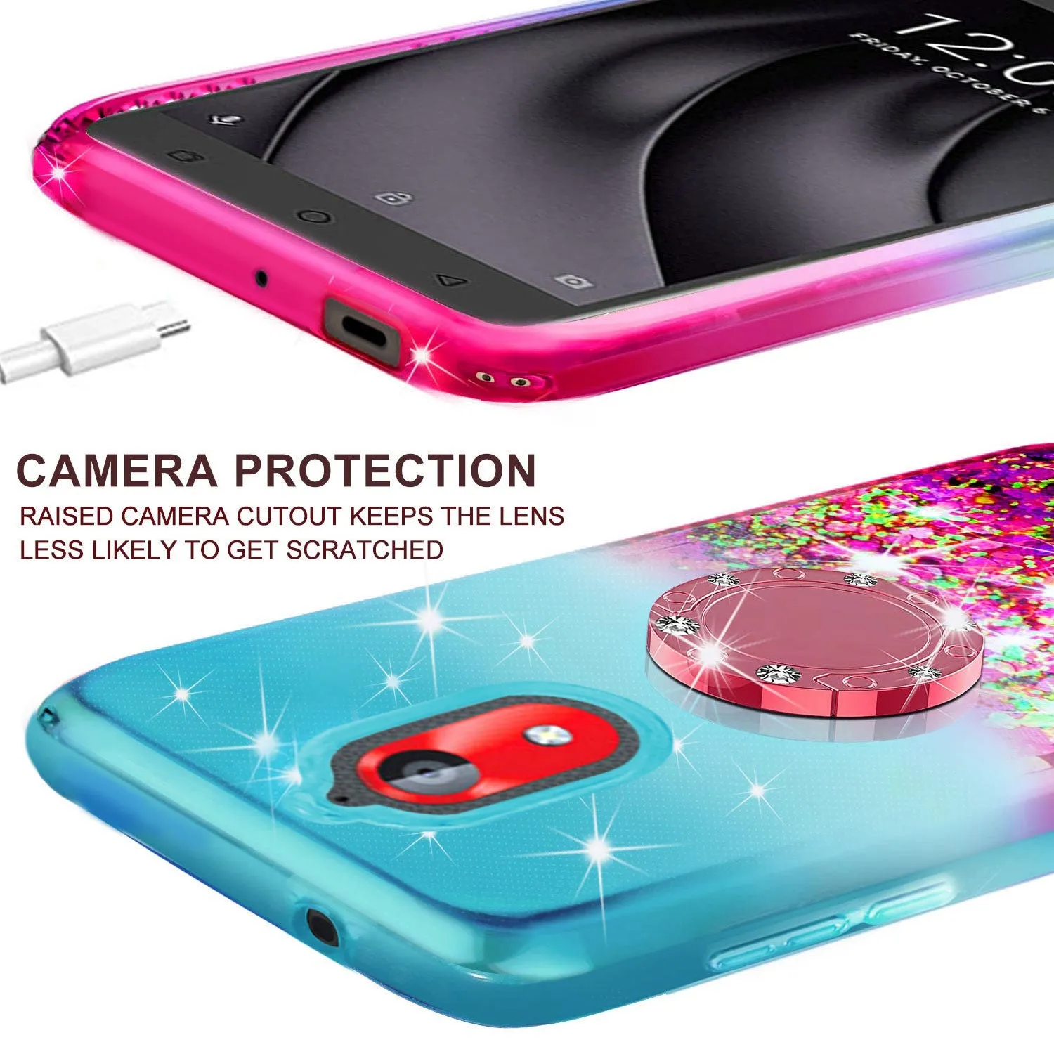 Glitter Phone Case Kickstand Compatible for Coolpad Illumina Case,Legacy Go Case, Ring Bling Sparkle Protective Girls Women - (Teal/Pink Gradient)