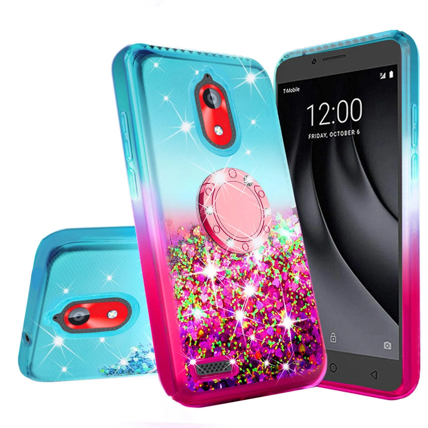 Glitter Phone Case Kickstand Compatible for Coolpad Illumina Case,Legacy Go Case, Ring Bling Sparkle Protective Girls Women - (Teal/Pink Gradient)