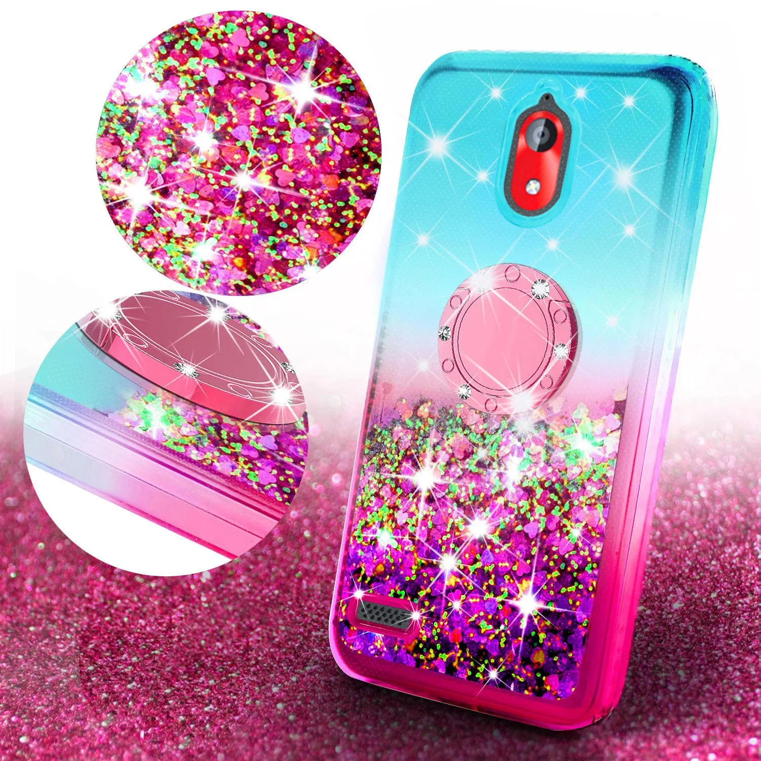 Glitter Phone Case Kickstand Compatible for Coolpad Illumina Case,Legacy Go Case, Ring Bling Sparkle Protective Girls Women - (Teal/Pink Gradient)
