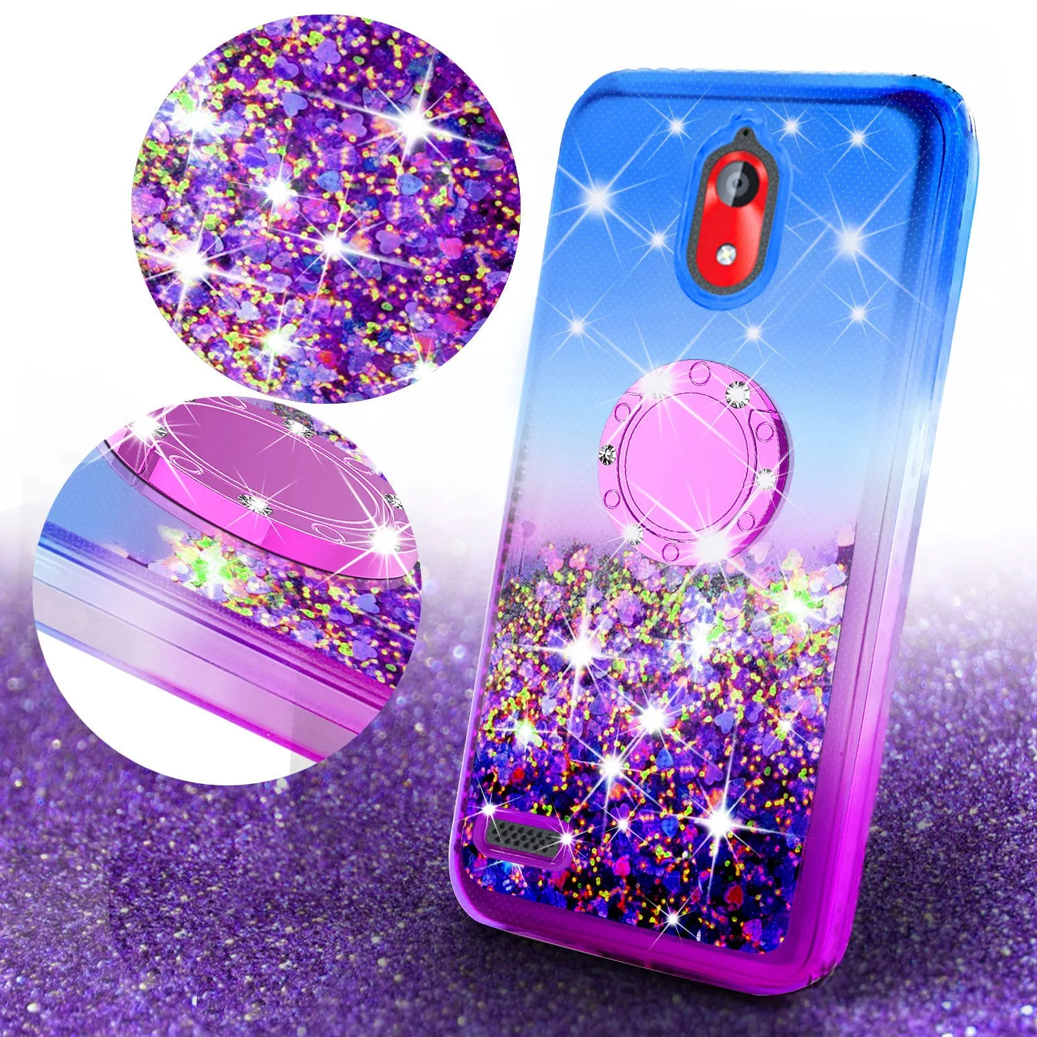 Glitter Phone Case Kickstand Compatible for Coolpad Illumina Case,Legacy Go Case,Ring Stand Liquid Floating Quicksand Bling Sparkle Protective Girls Women for Coolpad Illumina/Legacy Go W/Temper Glass - (Blue/Purple Gradient)