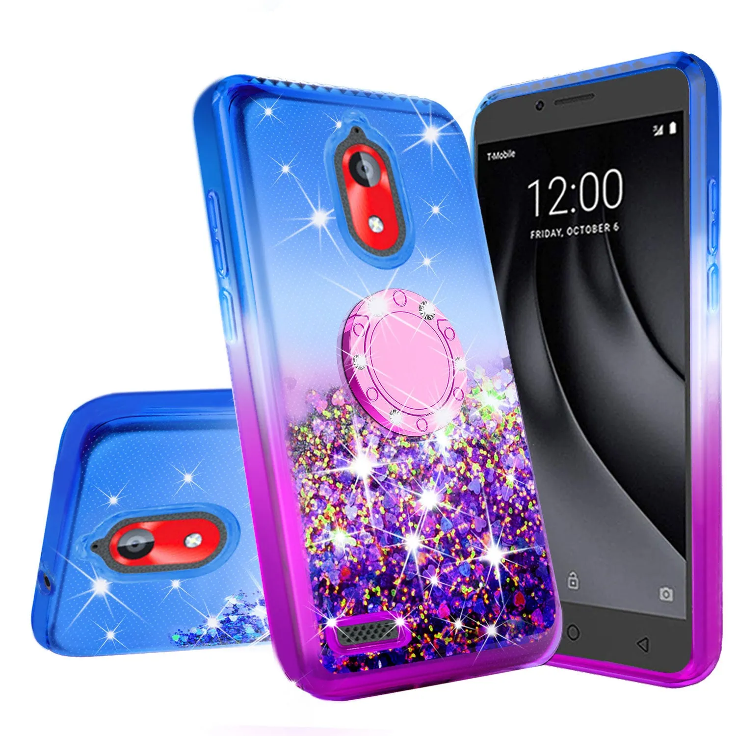 Glitter Phone Case Kickstand Compatible for Coolpad Illumina Case,Legacy Go Case,Ring Stand Liquid Floating Quicksand Bling Sparkle Protective Girls Women for Coolpad Illumina/Legacy Go W/Temper Glass - (Blue/Purple Gradient)