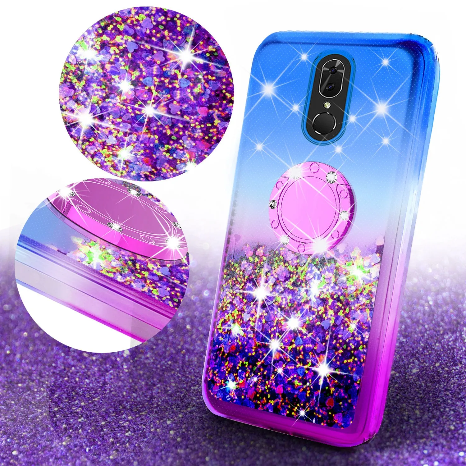 Glitter Phone Case Kickstand Compatible for Coolpad Legacy Case, Legacy Case,Ring Stand Liquid Floating Quicksand Bling Sparkle Protective Girls Women for Coolpad Legacy W/Temper Glass - (Blue/Purple Gradient)