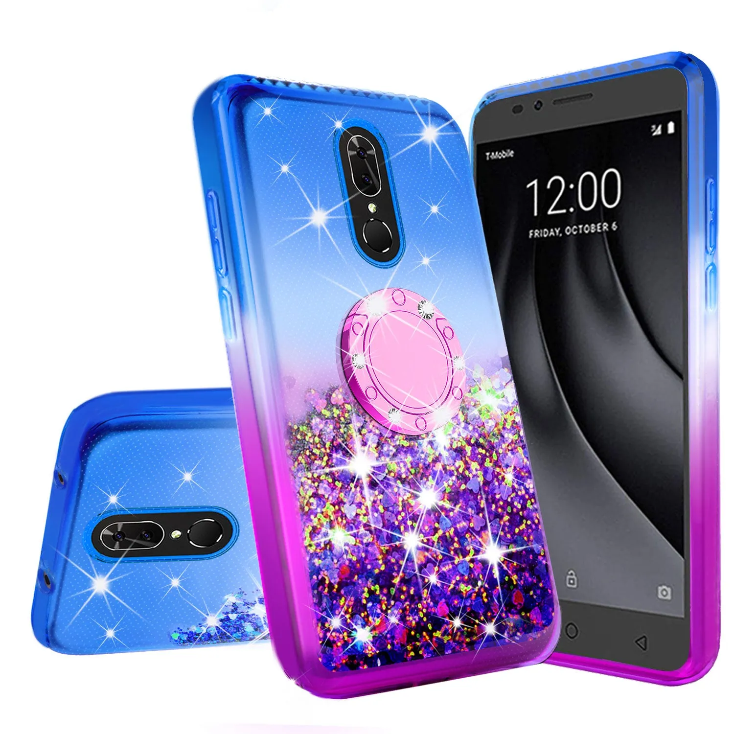 Glitter Phone Case Kickstand Compatible for Coolpad Legacy Case, Legacy Case,Ring Stand Liquid Floating Quicksand Bling Sparkle Protective Girls Women for Coolpad Legacy W/Temper Glass - (Blue/Purple Gradient)