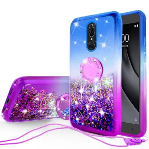 Glitter Phone Case Kickstand Compatible for Coolpad Legacy Case, Legacy Case,Ring Stand Liquid Floating Quicksand Bling Sparkle Protective Girls Women for Coolpad Legacy W/Temper Glass - (Blue/Purple Gradient)
