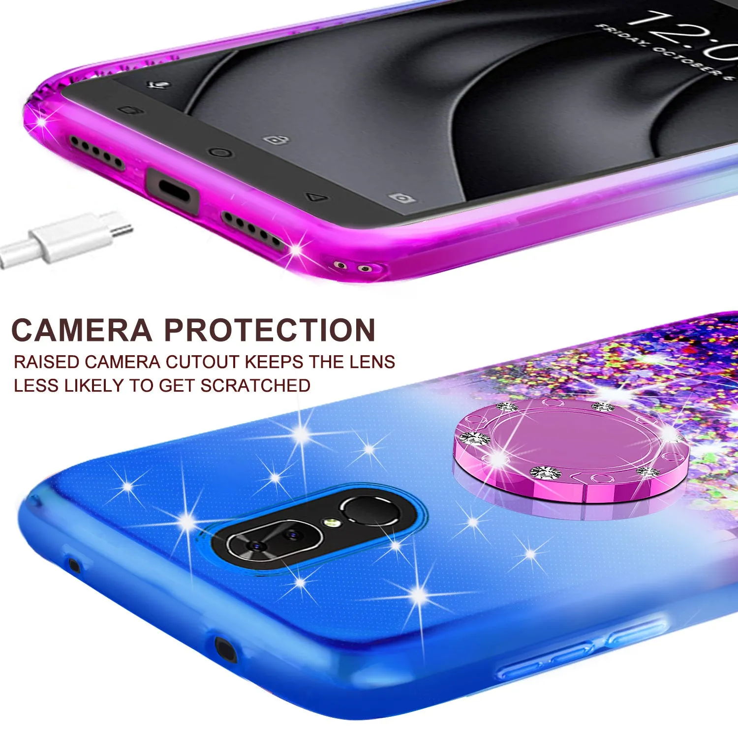 Glitter Phone Case Kickstand Compatible for Coolpad Legacy Case, Legacy Case,Ring Stand Liquid Floating Quicksand Bling Sparkle Protective Girls Women for Coolpad Legacy W/Temper Glass - (Blue/Purple Gradient)