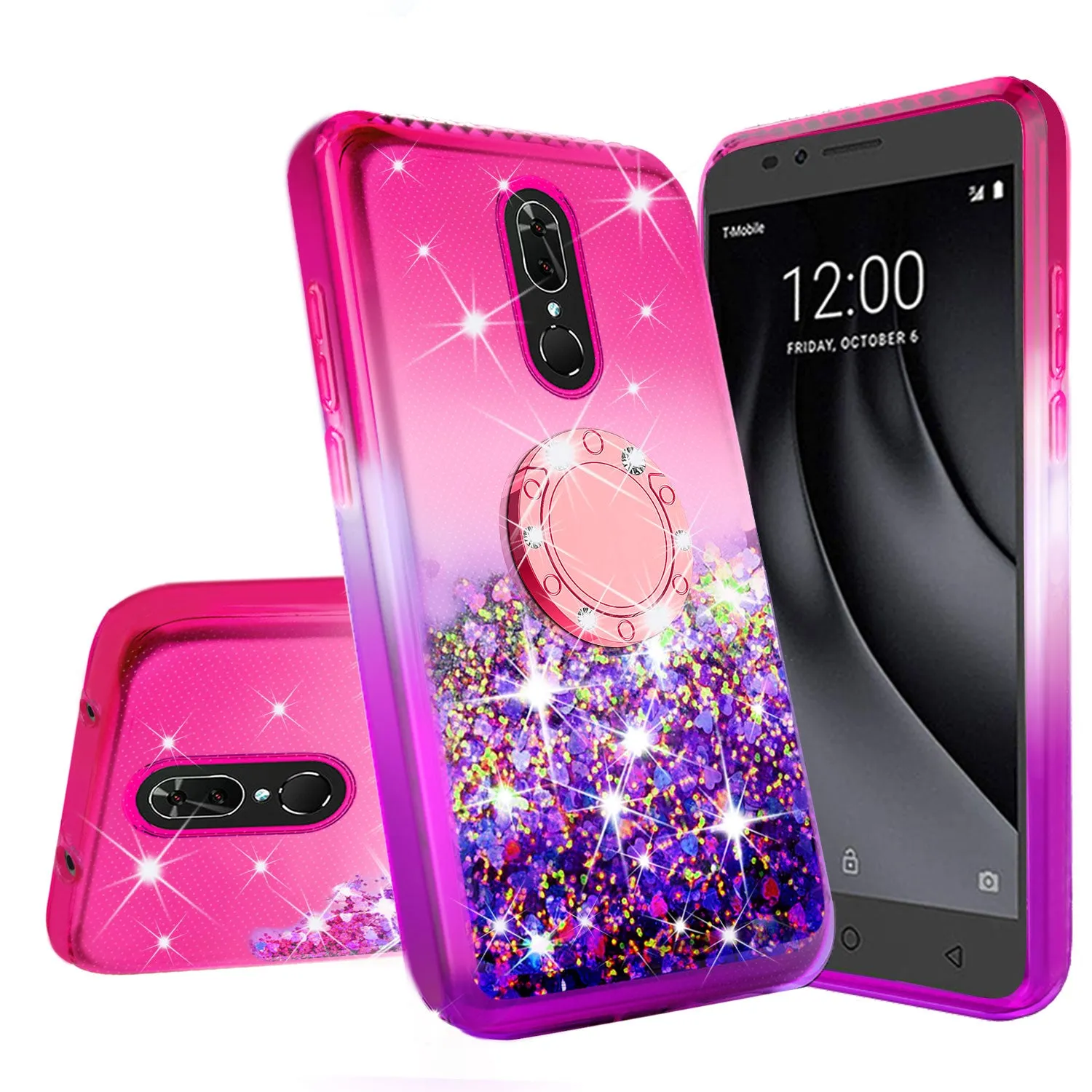 Glitter Phone Case Kickstand Compatible for Coolpad Legacy Case, Legacy Case,Ring Stand Liquid Floating Quicksand Bling Sparkle Protective Girls Women for Coolpad Legacy W/Temper Glass - (Hot Pink/Purple Gradient)