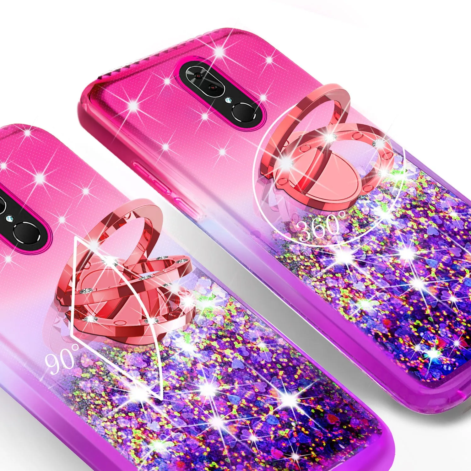 Glitter Phone Case Kickstand Compatible for Coolpad Legacy Case, Legacy Case,Ring Stand Liquid Floating Quicksand Bling Sparkle Protective Girls Women for Coolpad Legacy W/Temper Glass - (Hot Pink/Purple Gradient)