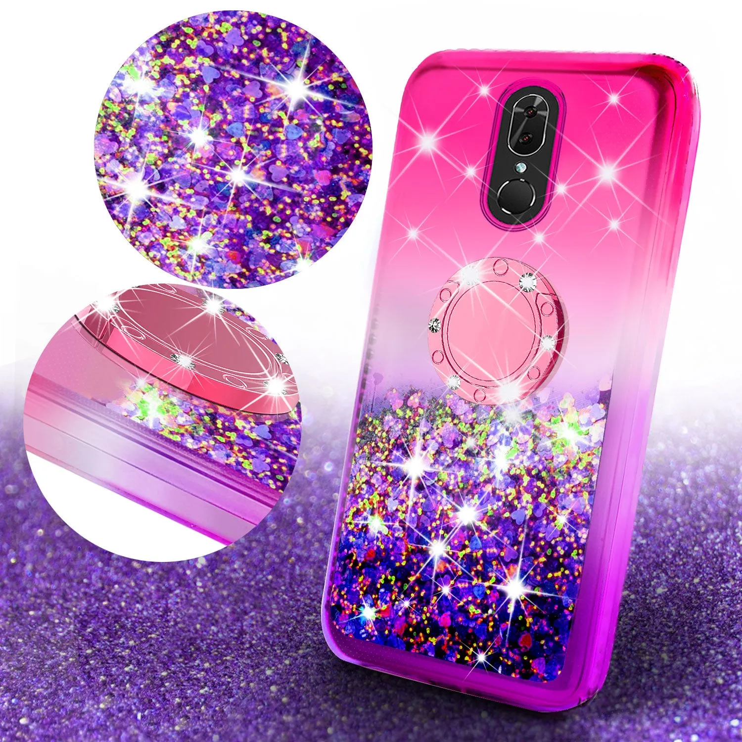 Glitter Phone Case Kickstand Compatible for Coolpad Legacy Case, Legacy Case,Ring Stand Liquid Floating Quicksand Bling Sparkle Protective Girls Women for Coolpad Legacy W/Temper Glass - (Hot Pink/Purple Gradient)