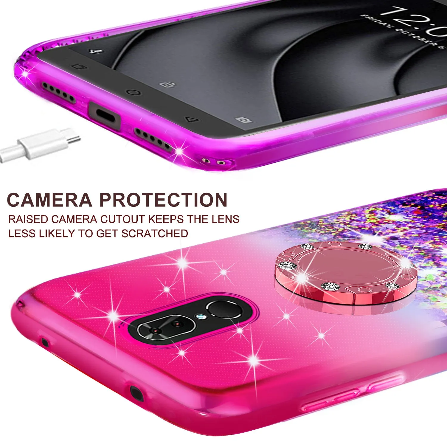 Glitter Phone Case Kickstand Compatible for Coolpad Legacy Case, Legacy Case,Ring Stand Liquid Floating Quicksand Bling Sparkle Protective Girls Women for Coolpad Legacy W/Temper Glass - (Hot Pink/Purple Gradient)