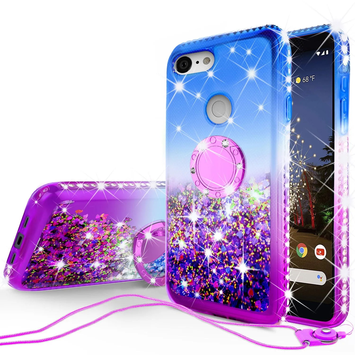 Glitter Phone Case Kickstand Compatible for Google Pixel 3a Case,Pixel 3a Case,Ring Stand Liquid Floating Quicksand Bling Sparkle Protective Girls Women for Google Pixel 3a W/Temper Glass - (Blue/Purple Gradient)