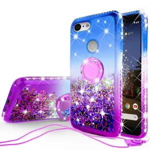 Glitter Phone Case Kickstand Compatible for Google Pixel 3a Case,Pixel 3a Case,Ring Stand Liquid Floating Quicksand Bling Sparkle Protective Girls Women for Google Pixel 3a W/Temper Glass - (Blue/Purple Gradient)