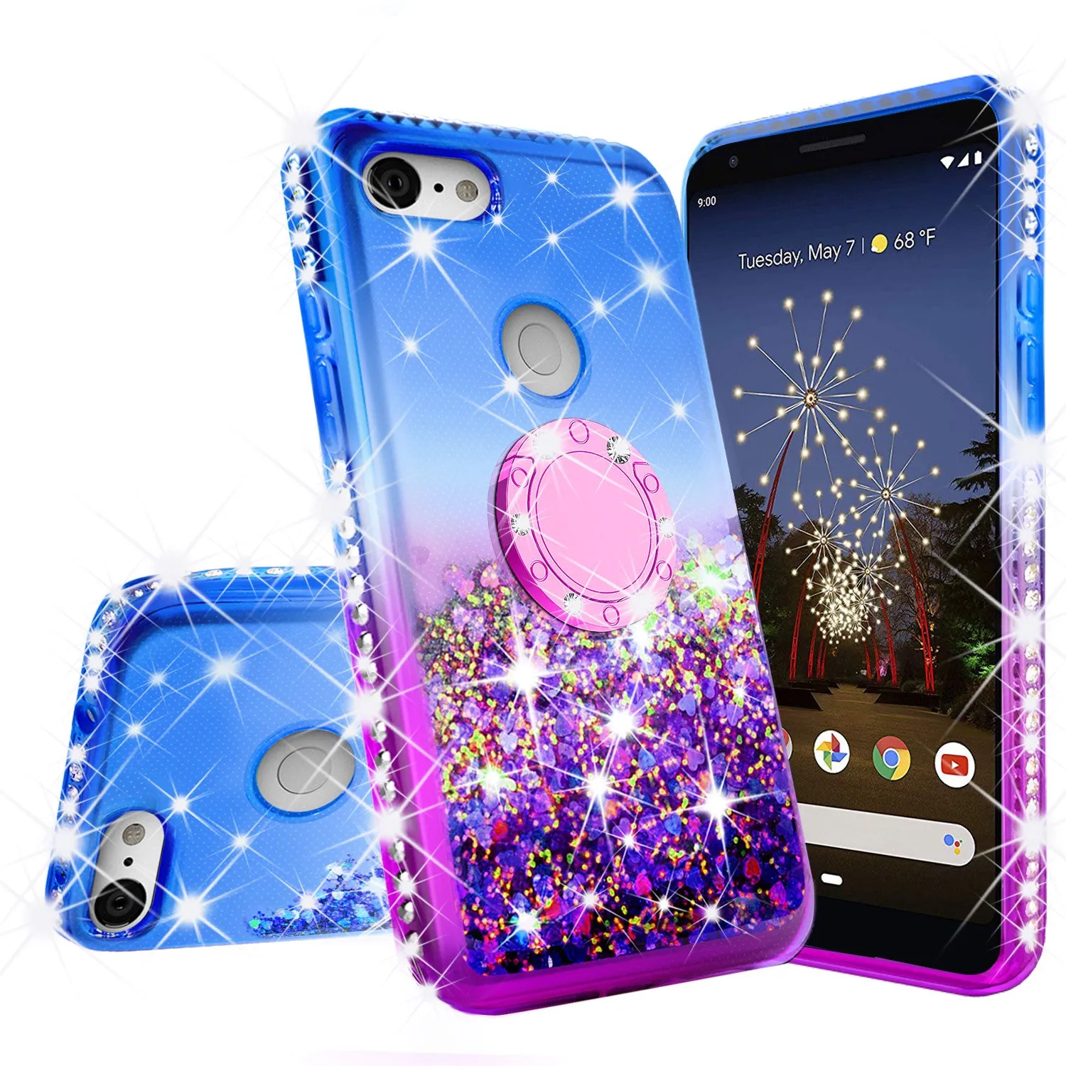 Glitter Phone Case Kickstand Compatible for Google Pixel 3a Case,Pixel 3a Case,Ring Stand Liquid Floating Quicksand Bling Sparkle Protective Girls Women for Google Pixel 3a W/Temper Glass - (Blue/Purple Gradient)
