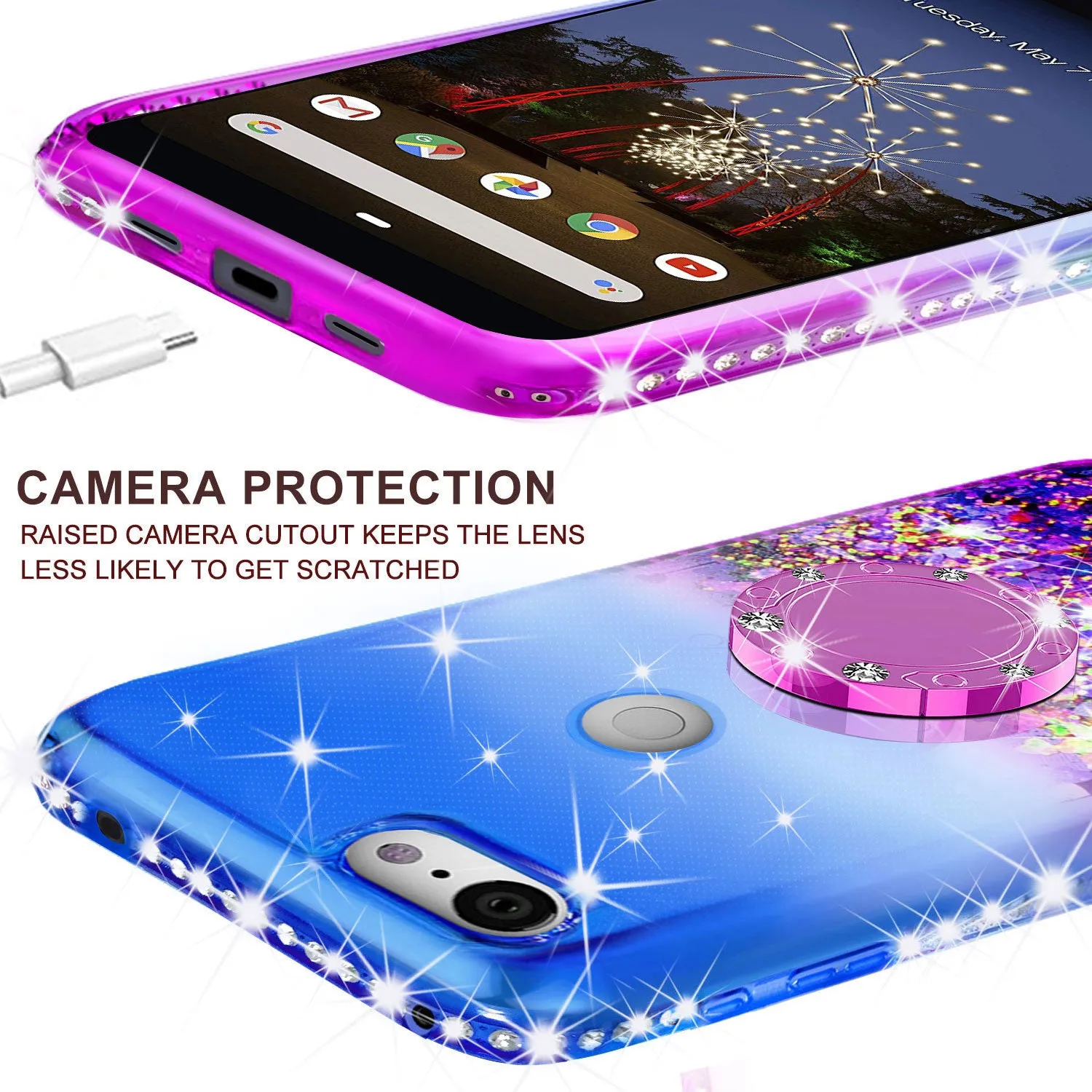 Glitter Phone Case Kickstand Compatible for Google Pixel 3a Case,Pixel 3a Case,Ring Stand Liquid Floating Quicksand Bling Sparkle Protective Girls Women for Google Pixel 3a W/Temper Glass - (Blue/Purple Gradient)